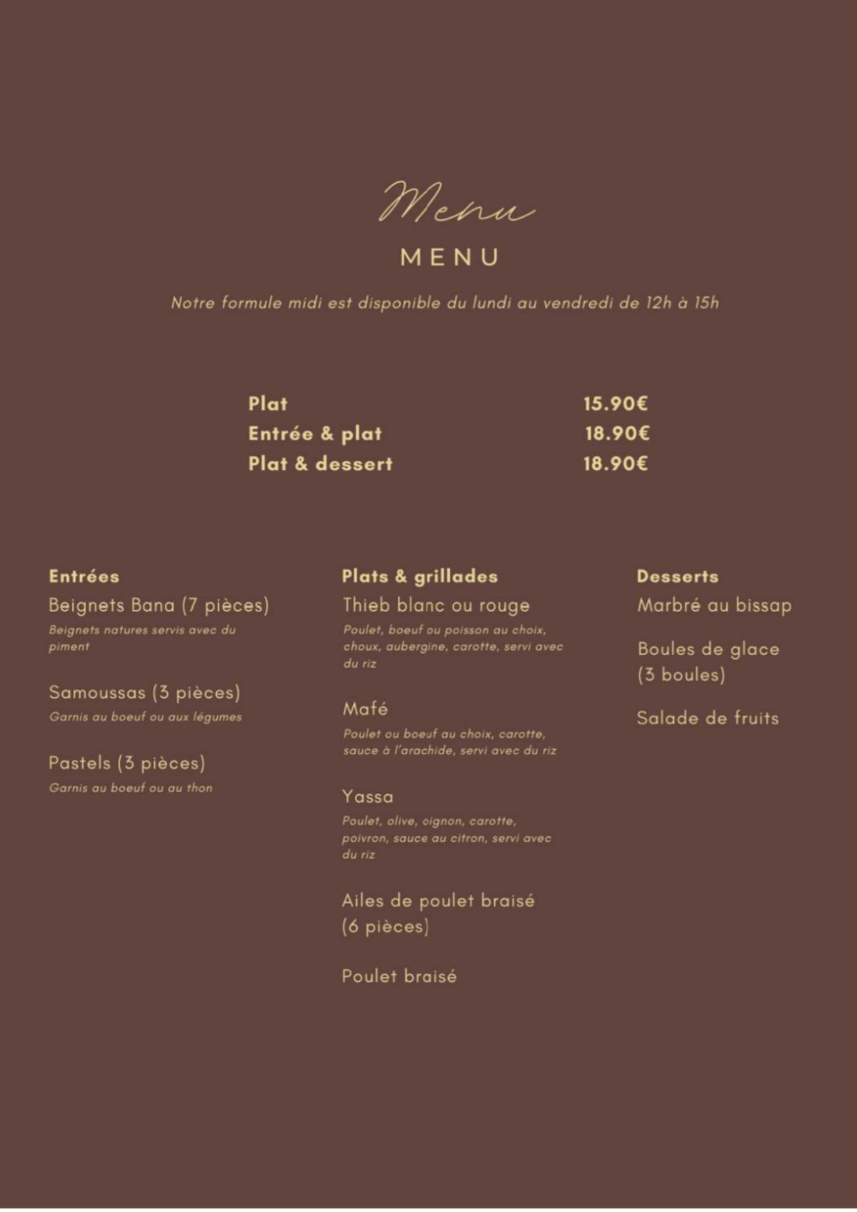 Bana Lounge menu