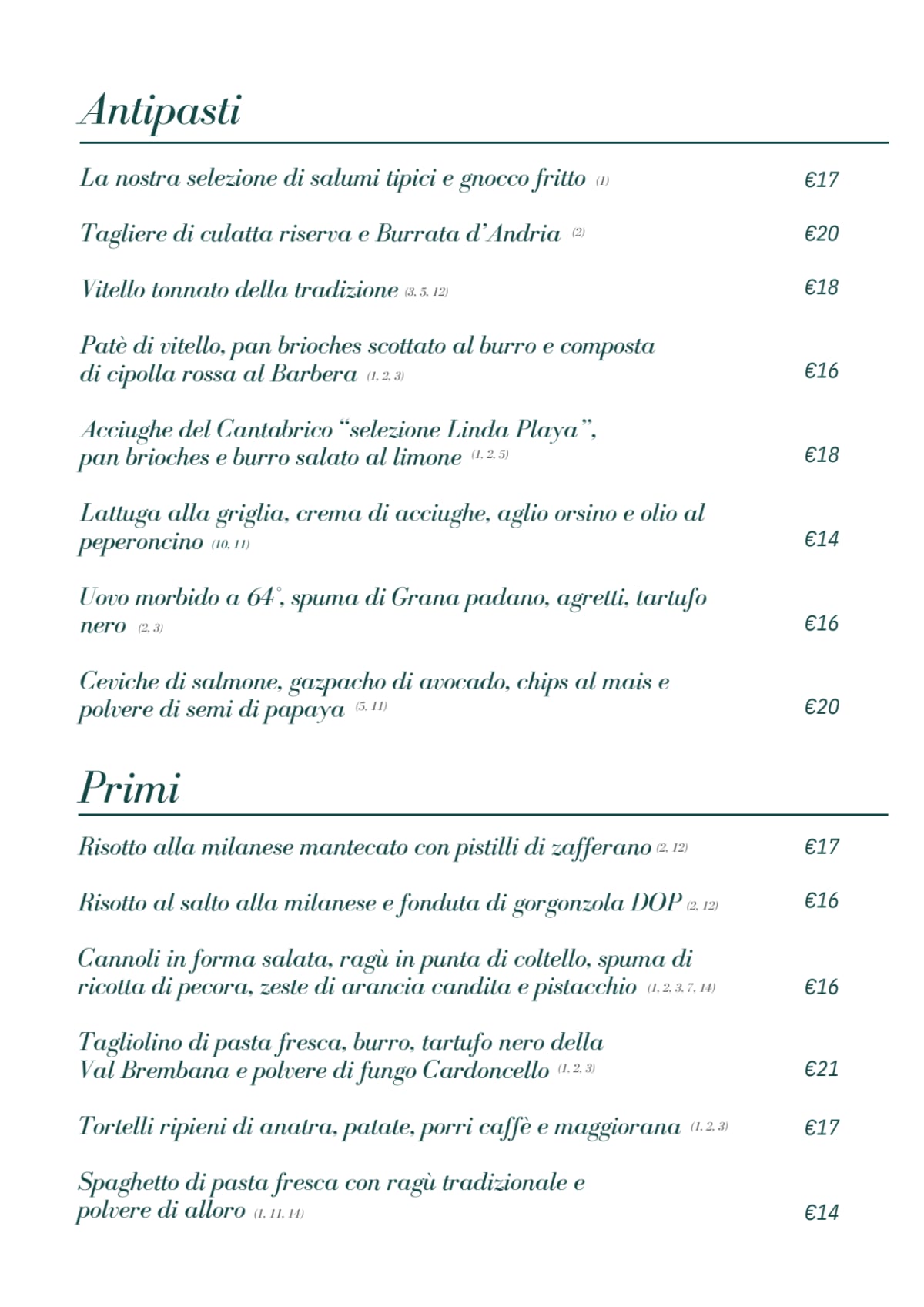 Cantina della Vetra menu