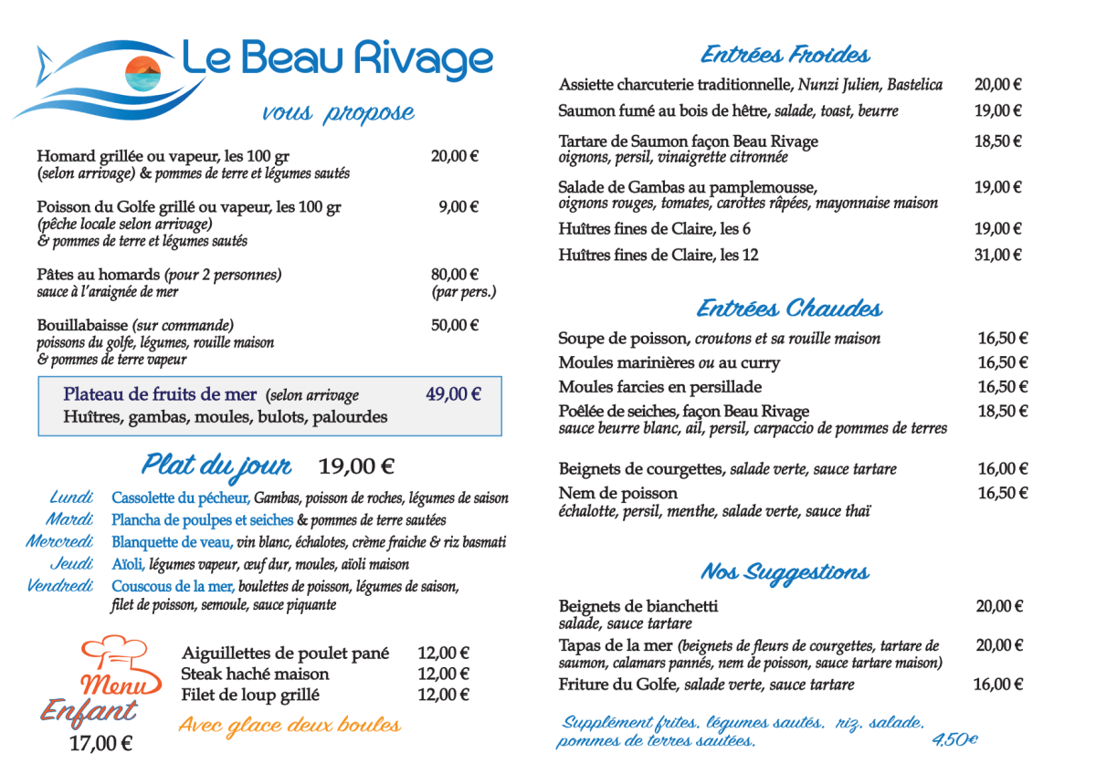Speisekarte 2024 Le Beau Rivage in Ajaccio TheFork