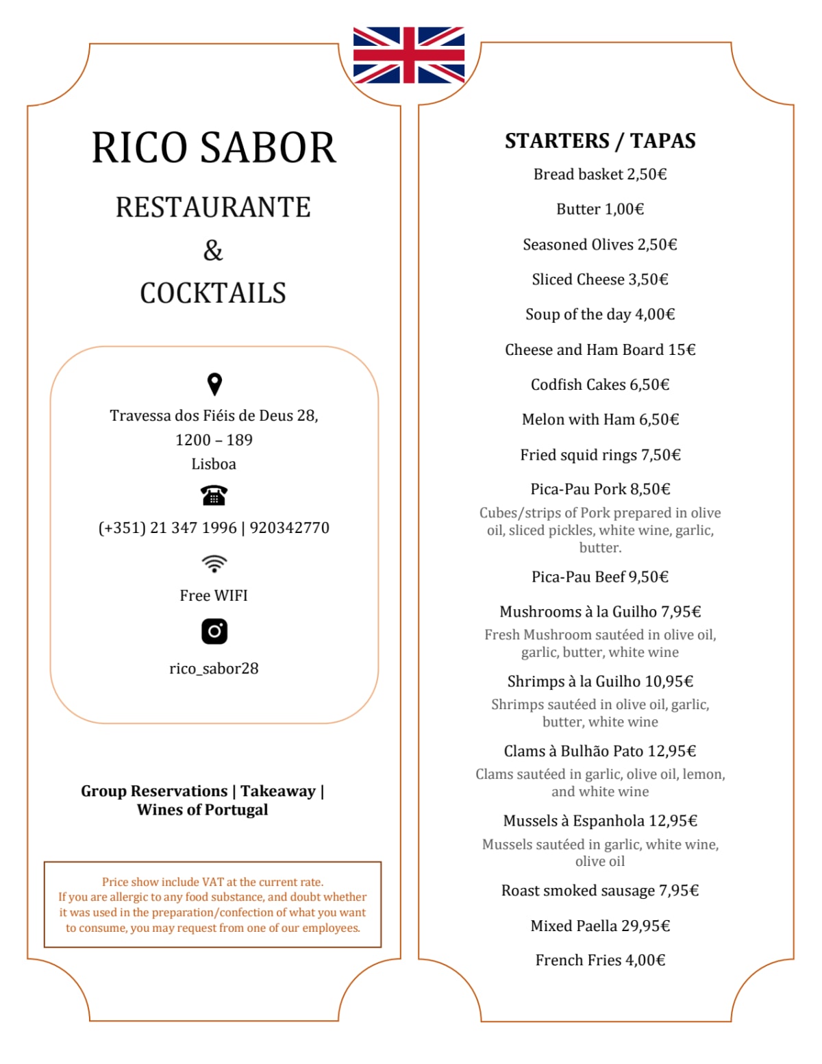 Rico Sabor menu