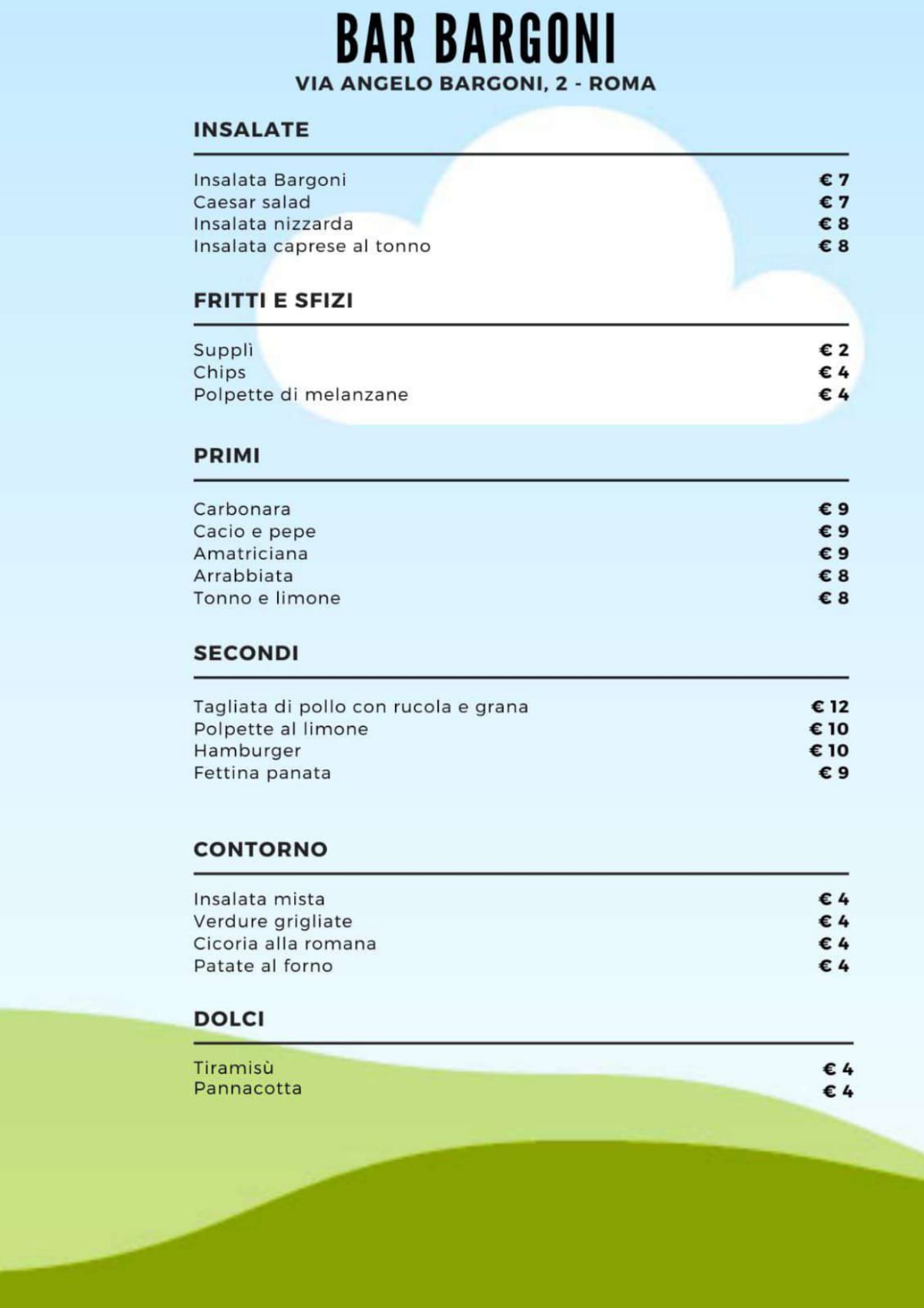 Bargoni Bistrot menu