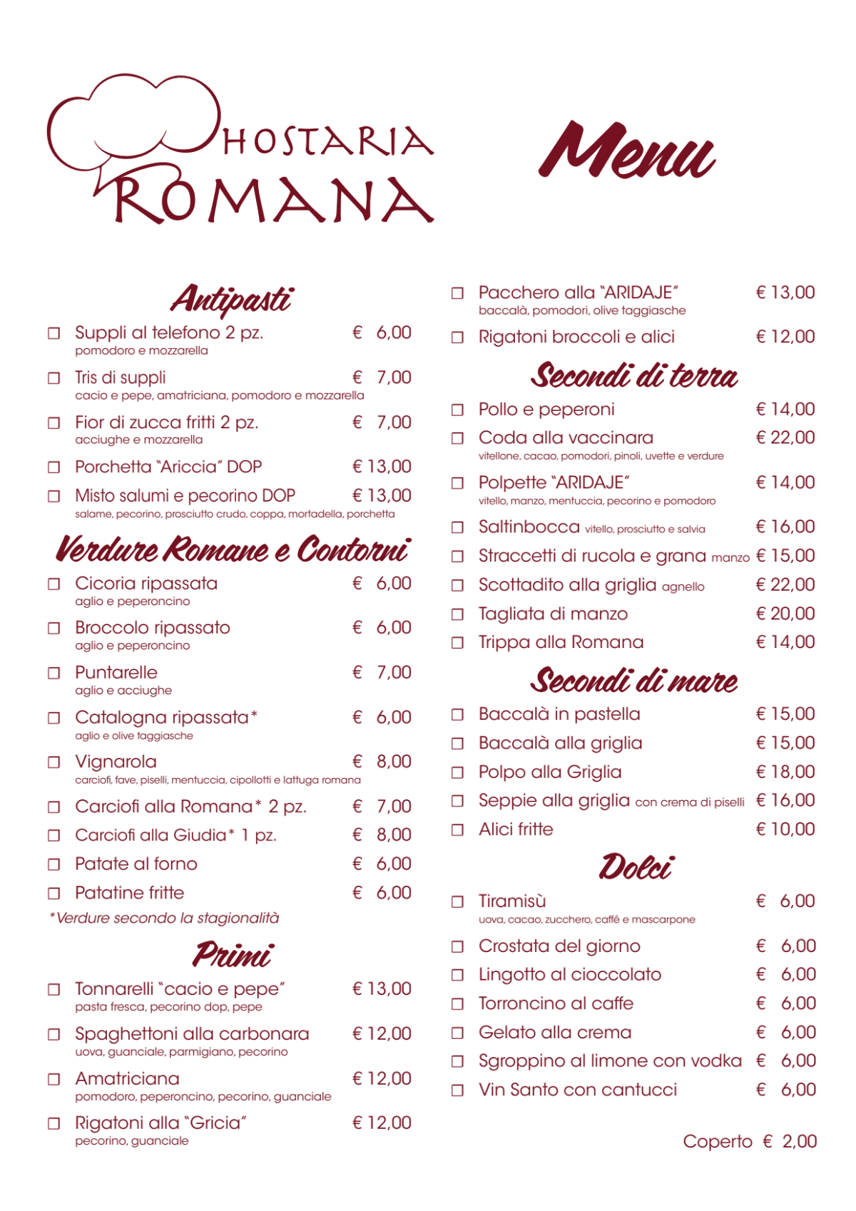 Hostaria Romana menu