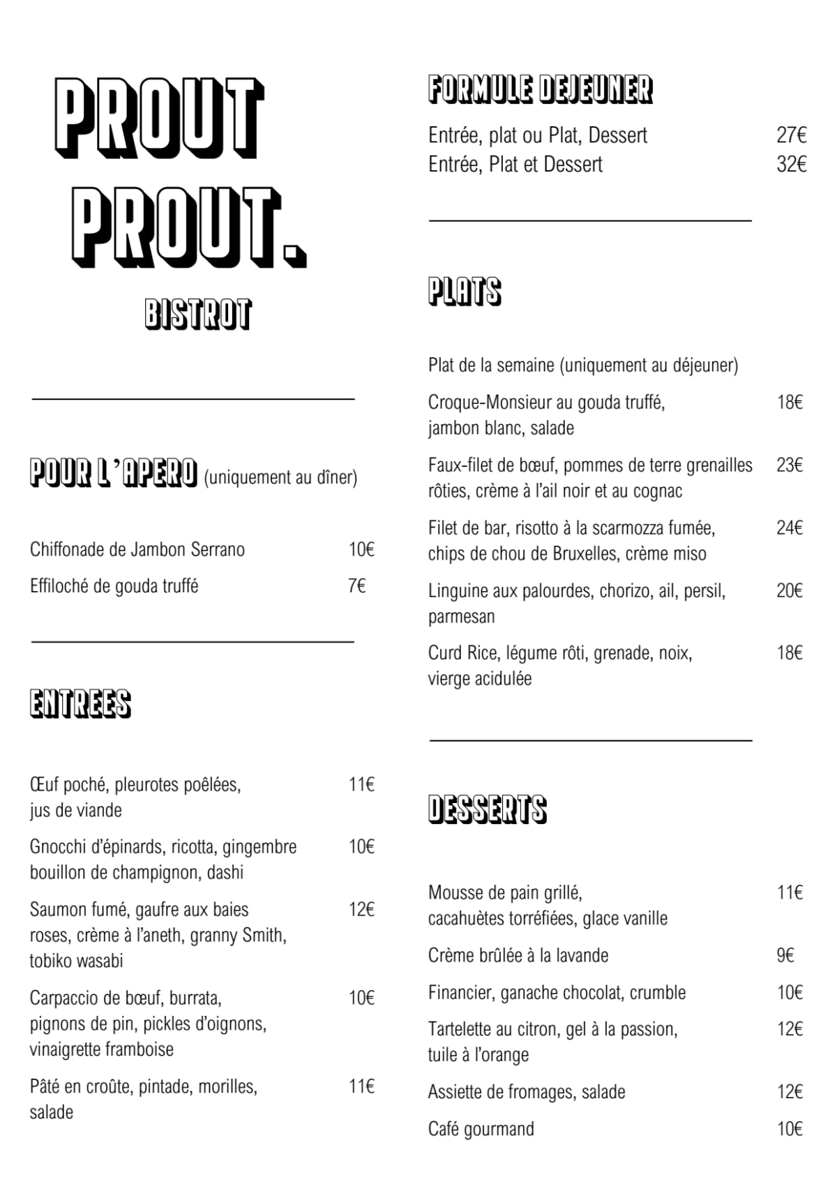 Prout Prout menu