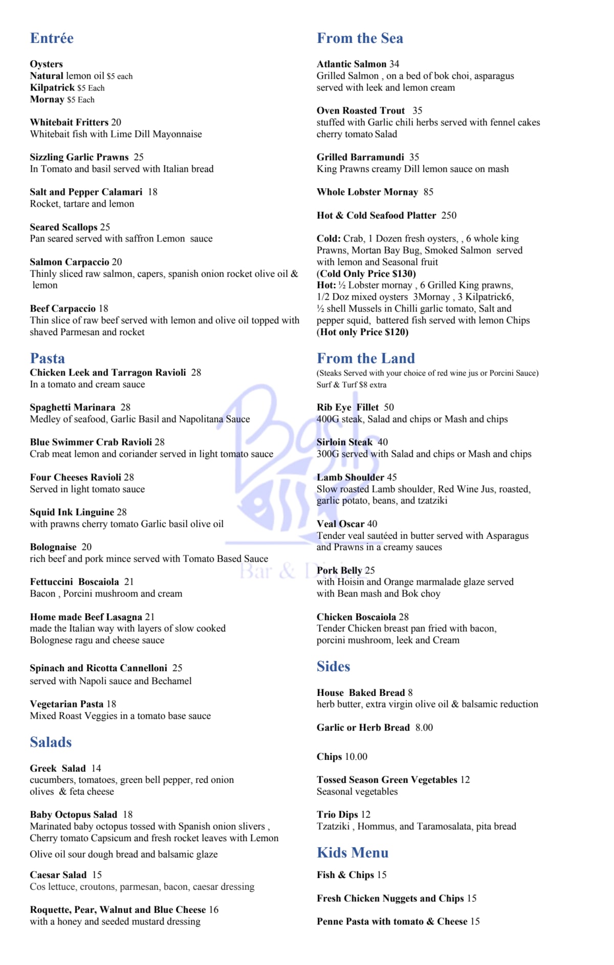 Carte et Menus 2024 Basils Seafood Restaurant à Macquarie Park (NSW