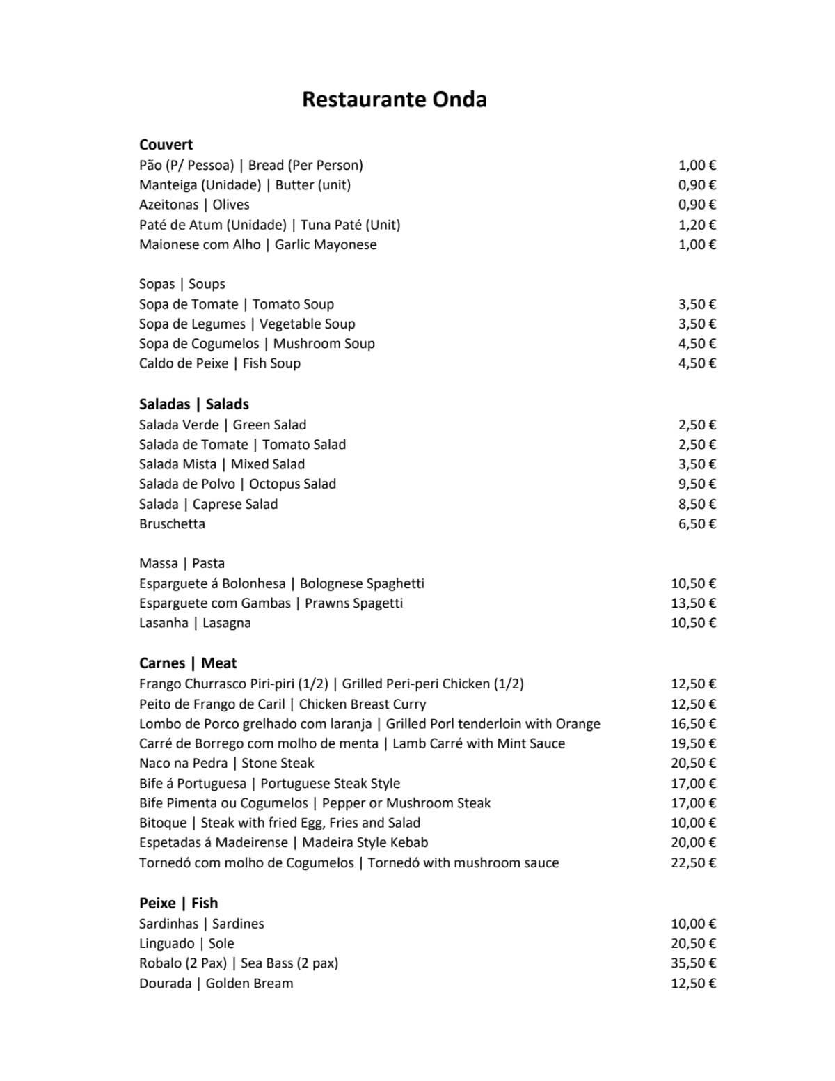 Menu 2024 Restaurante Onda em Lagoa TheFork