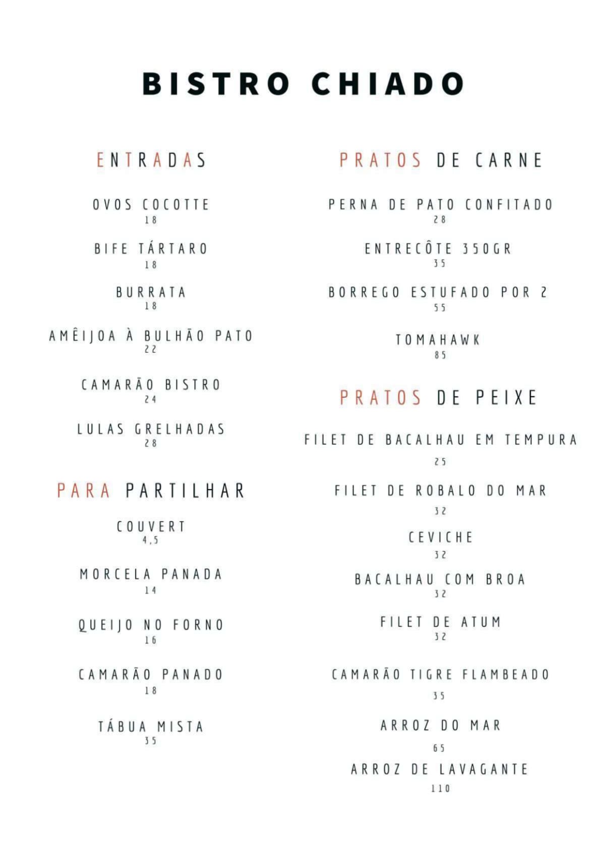 Bistrô Chiado menu