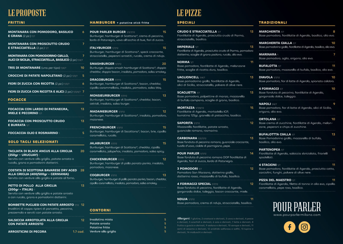 Pour Parler Pizza e Burger menu