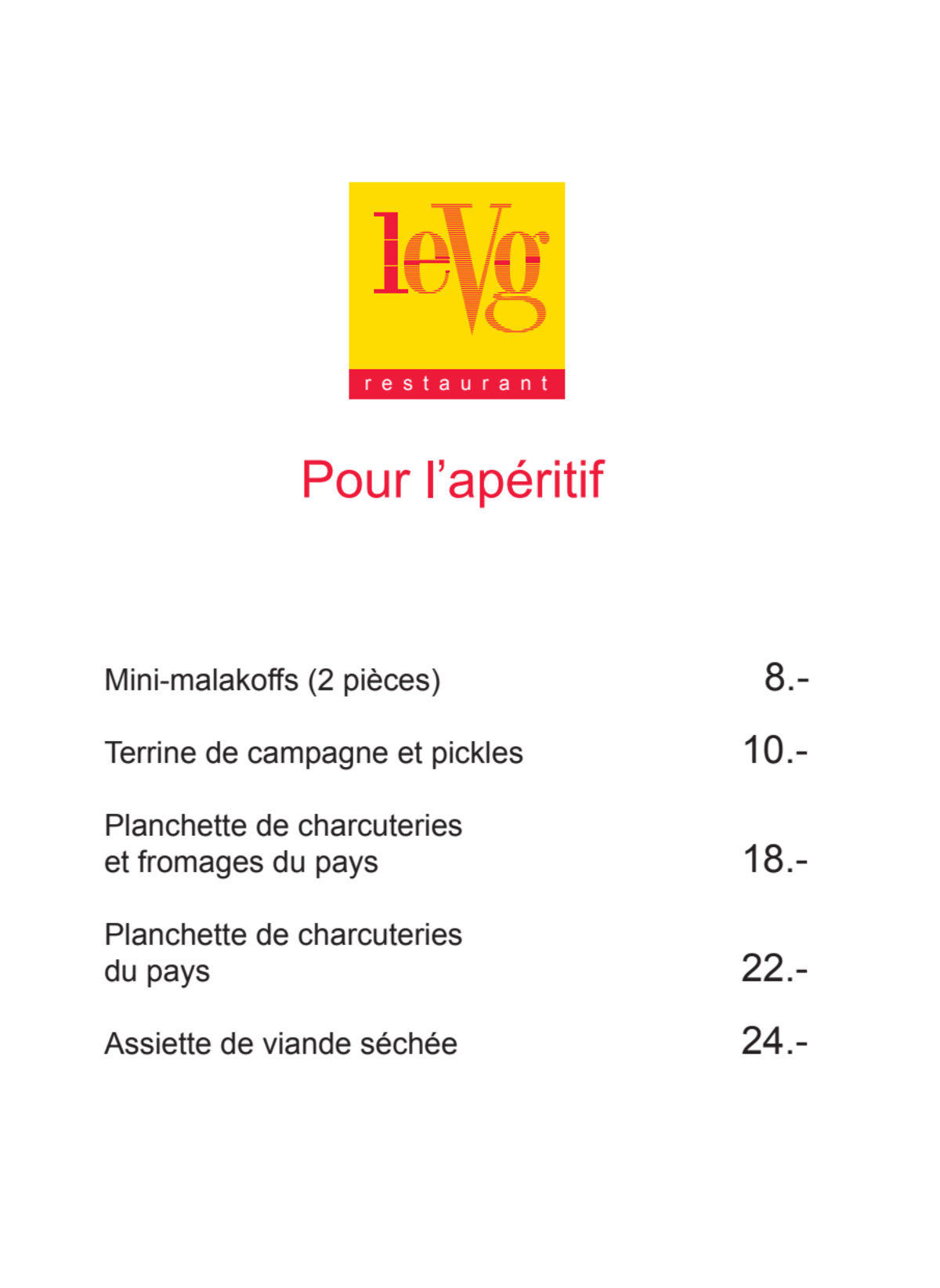 Le VG - Restaurant des Vieux-Grenadiers menu