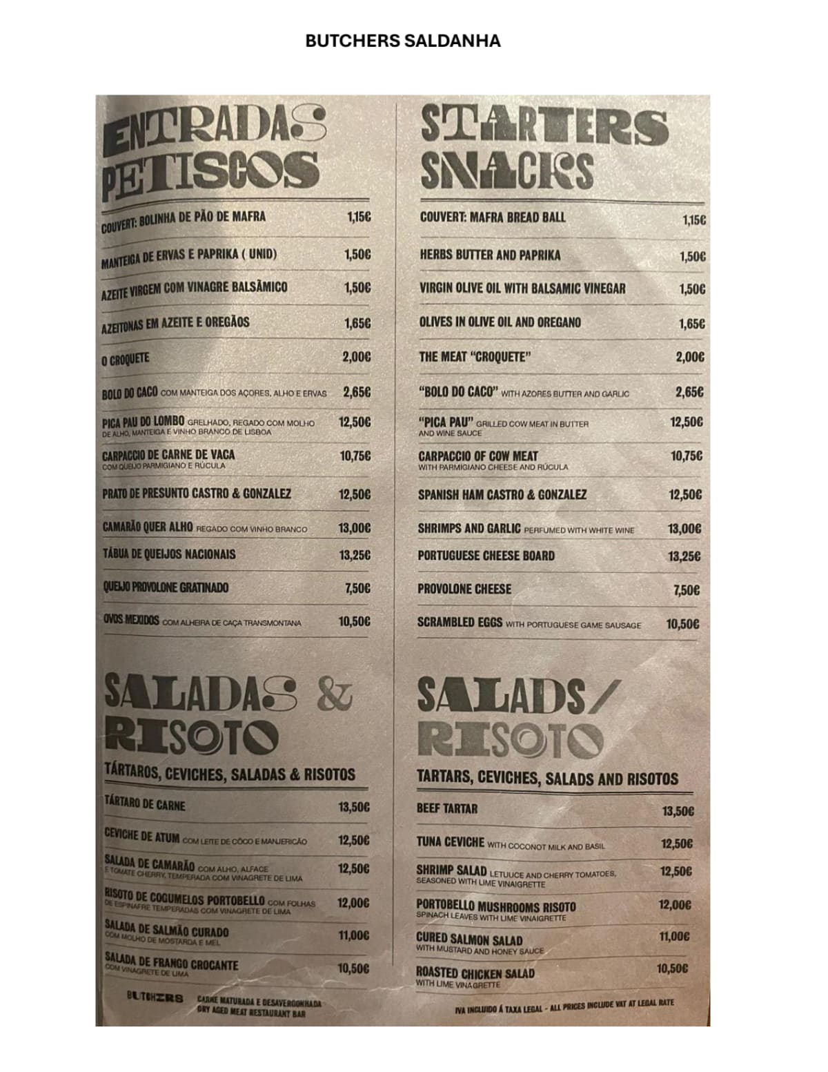 Butchers Saldanha menu