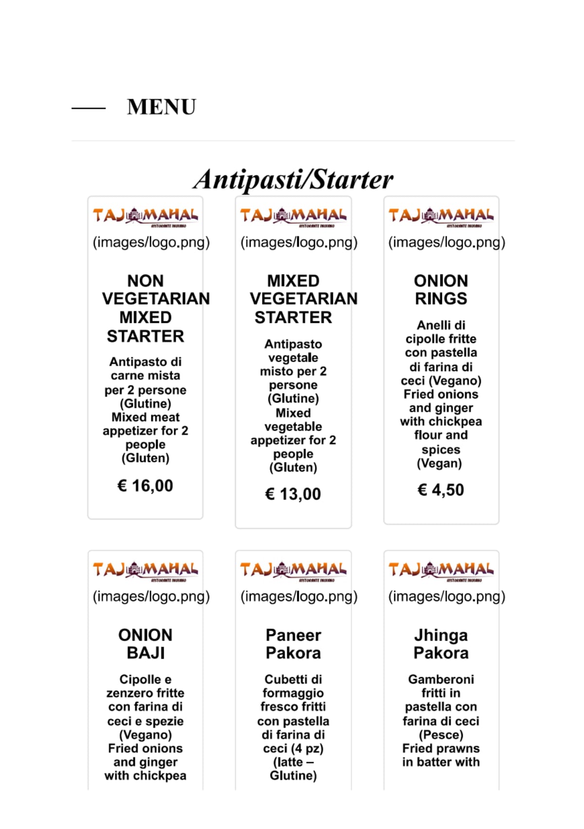 Carte et Menus 2024 Taj Mahal Vicenza à Vicence TheFork