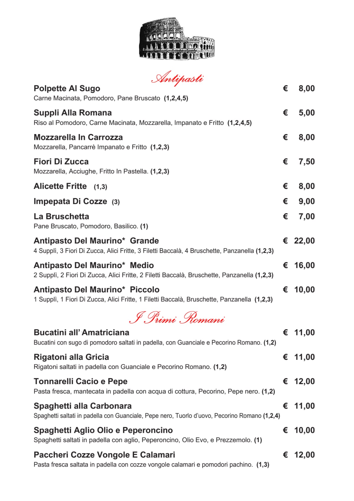 Maurino Osteria Romana menu