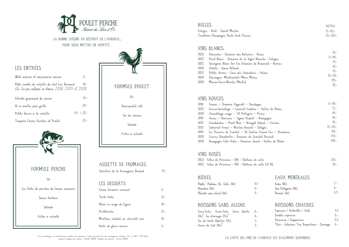 Bistrot du Lion d'Or menu