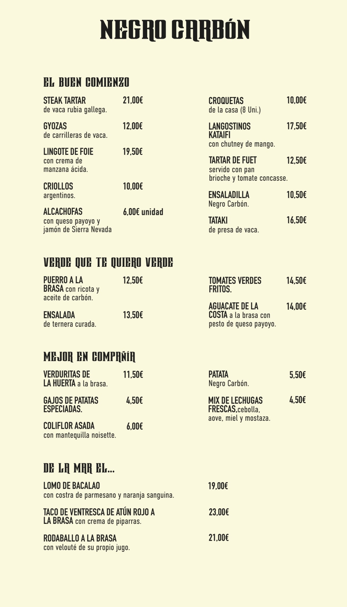 Negro Carbón Castellana menu