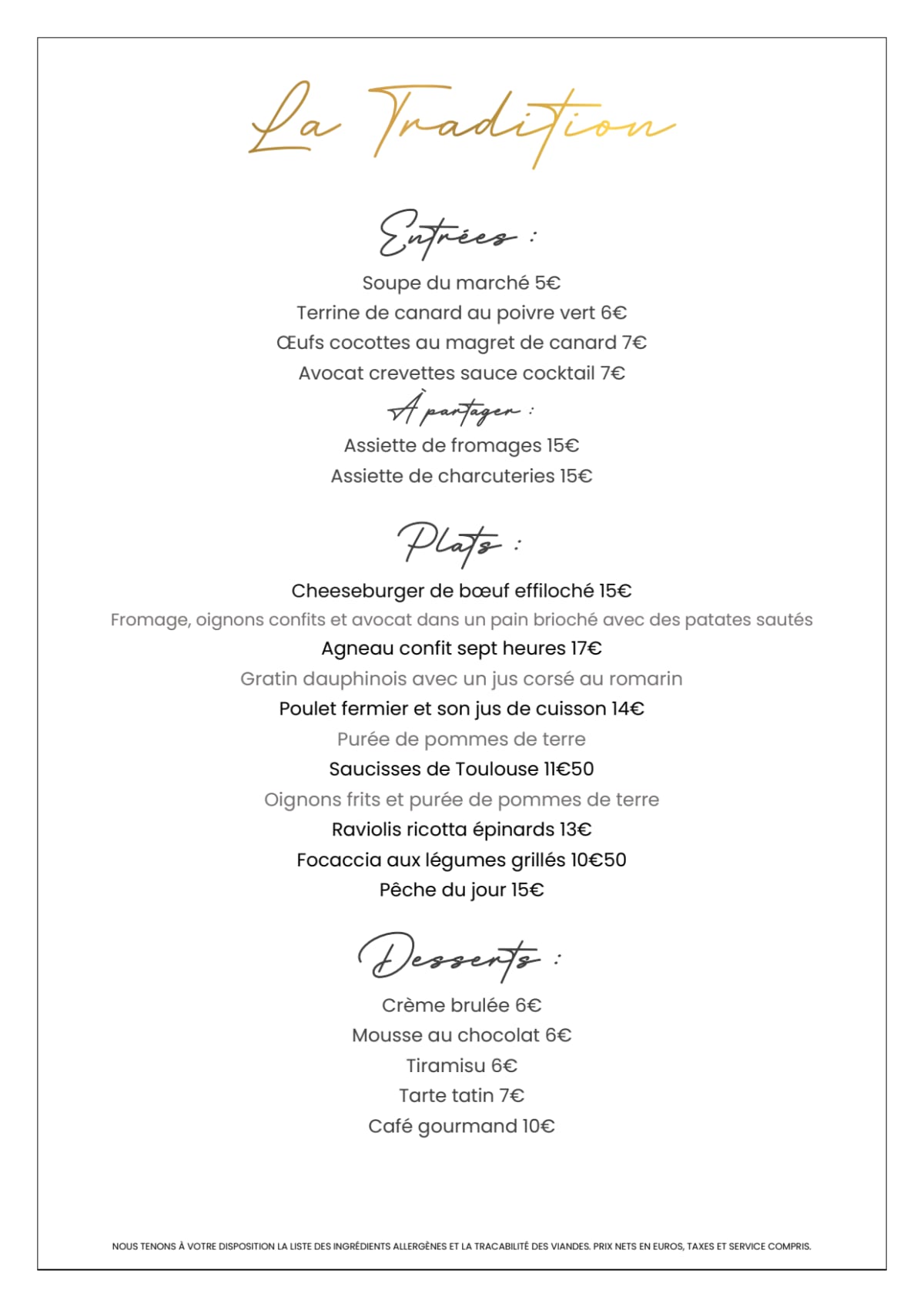 Carte et Menus 2024 La Tradition à SaintDenis TheFork