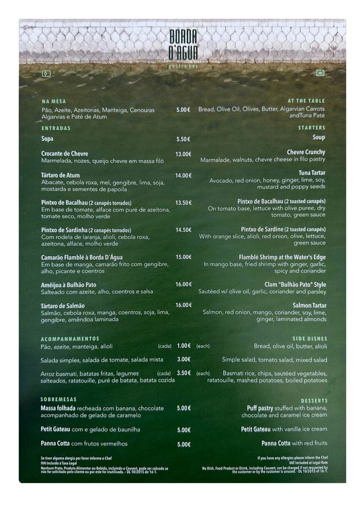 Menu 2024 Borda D'Água in Tavira TheFork