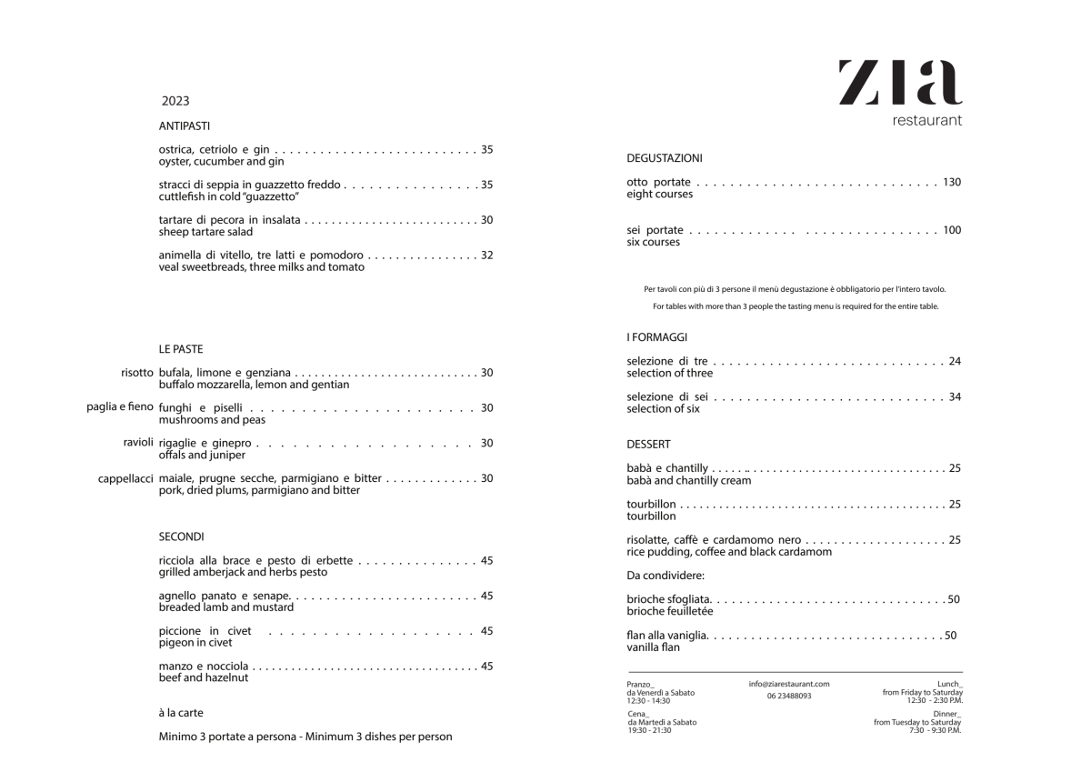 Menù completo e carta 2023 Zia Restaurant a Roma TheFork