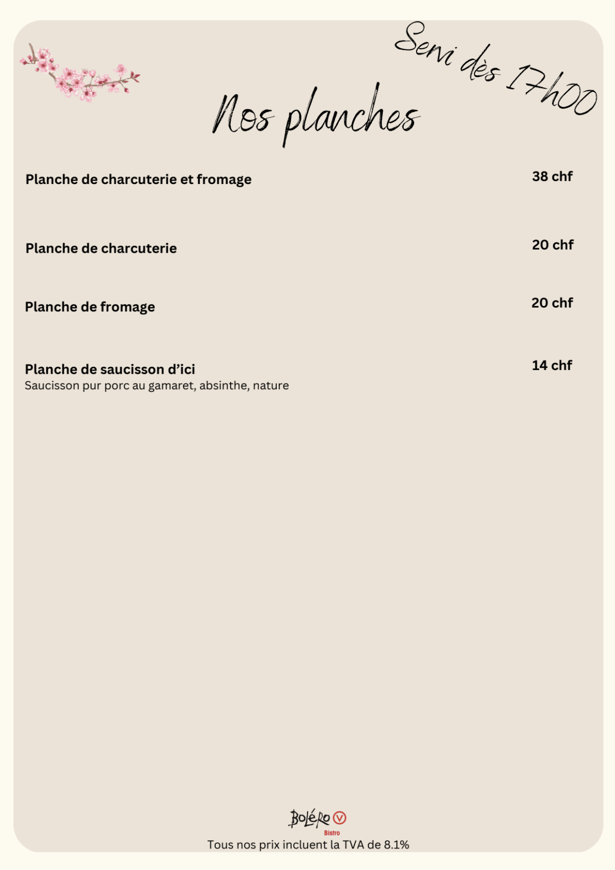 Bolero - Bistro menu