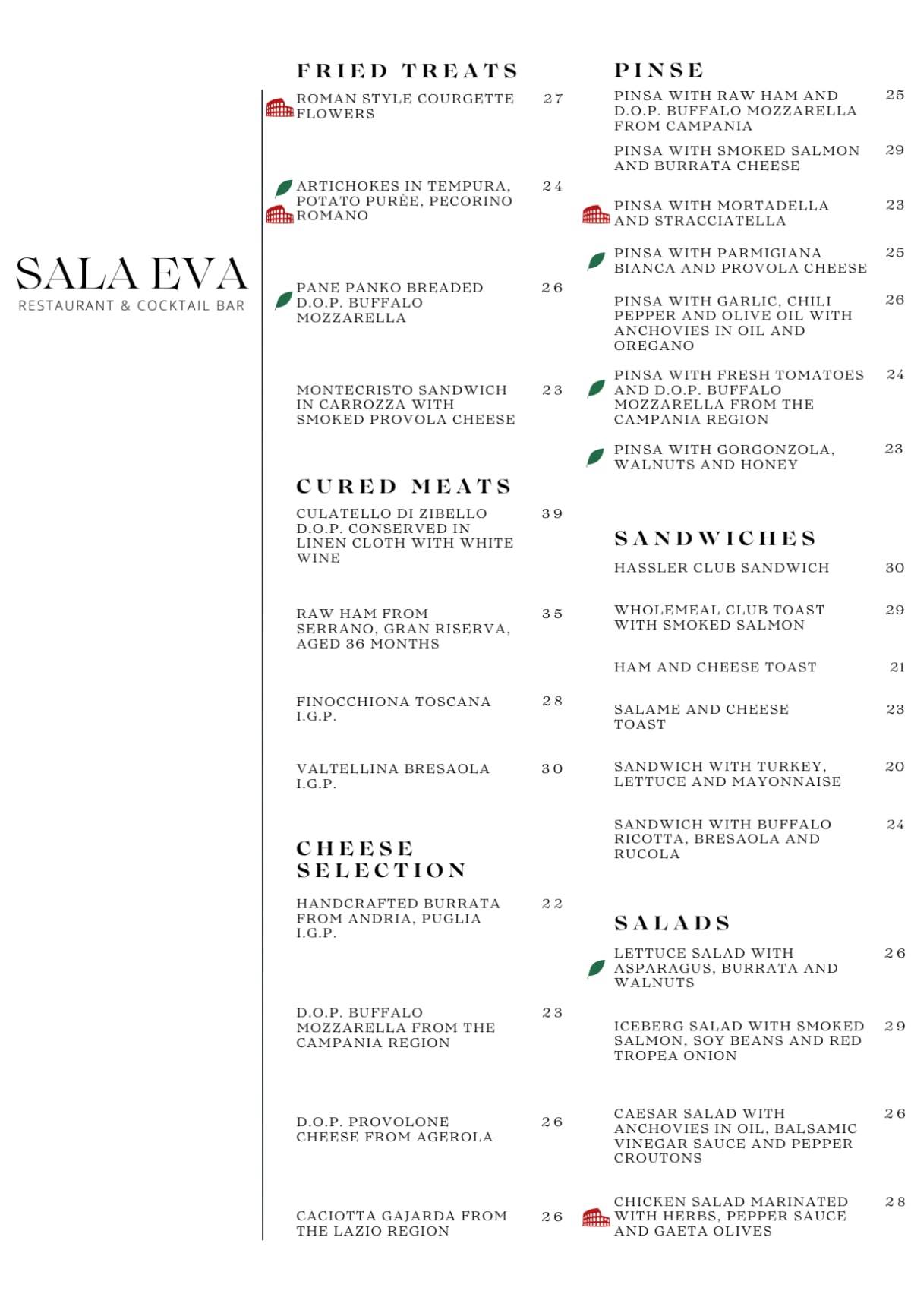 Salone Eva - Restaurant & Cocktail Bar menu