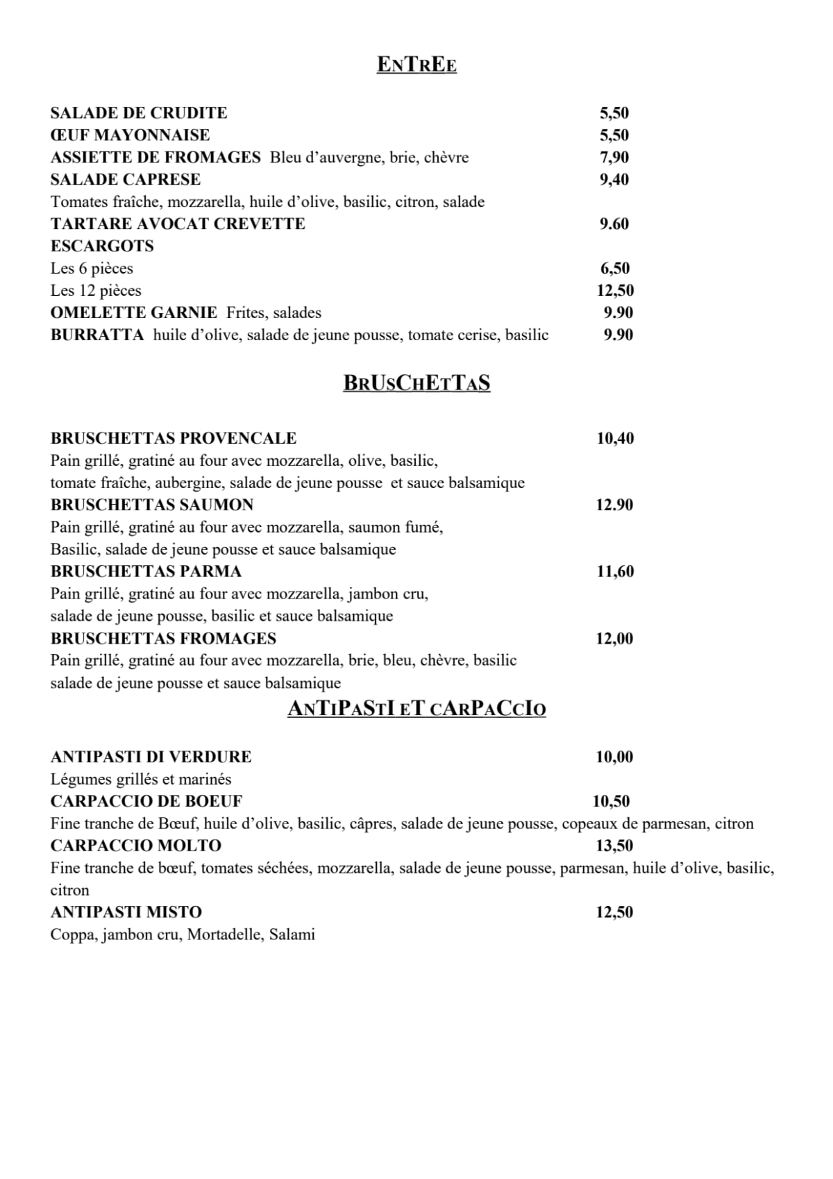 Molto Gusto menu