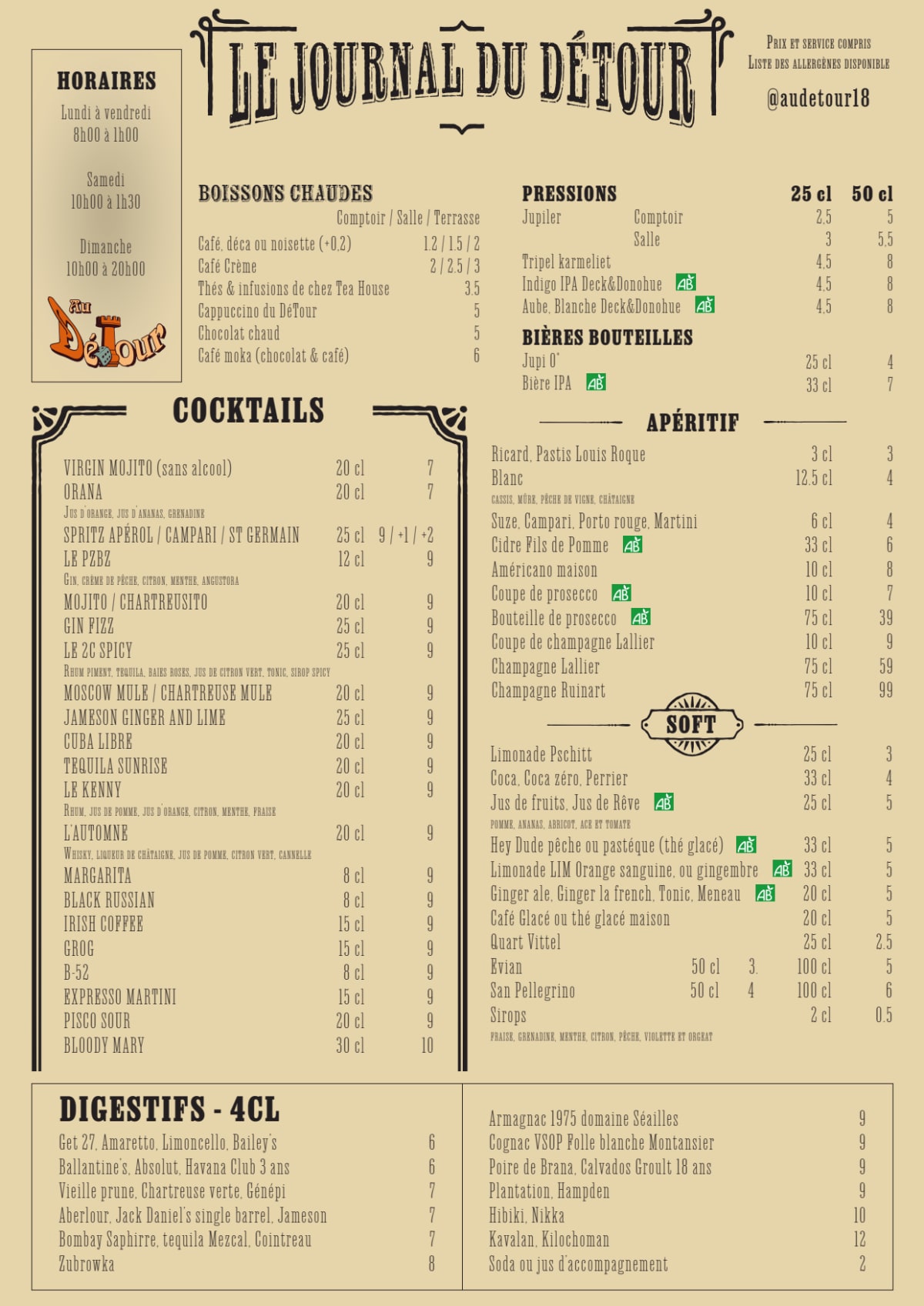 Au Détour menu