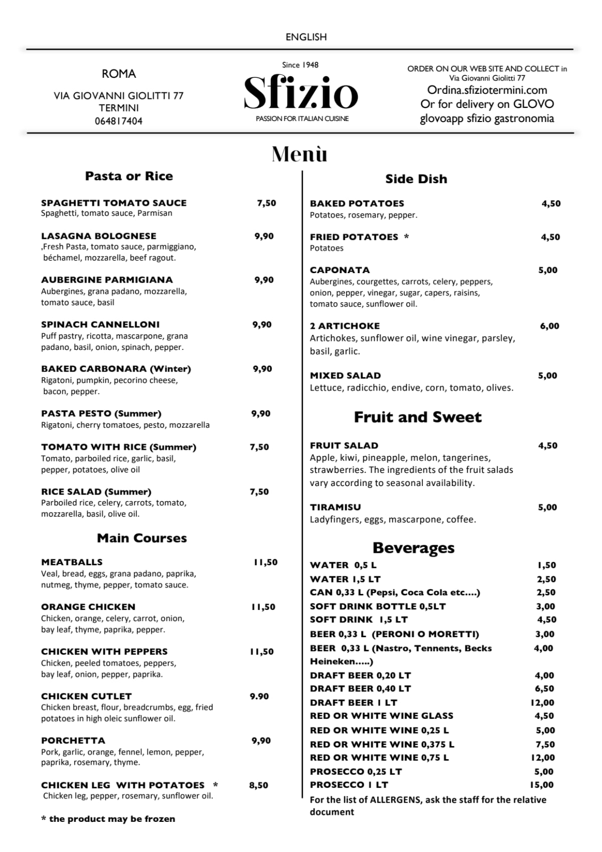 Sfizio Pizza menu