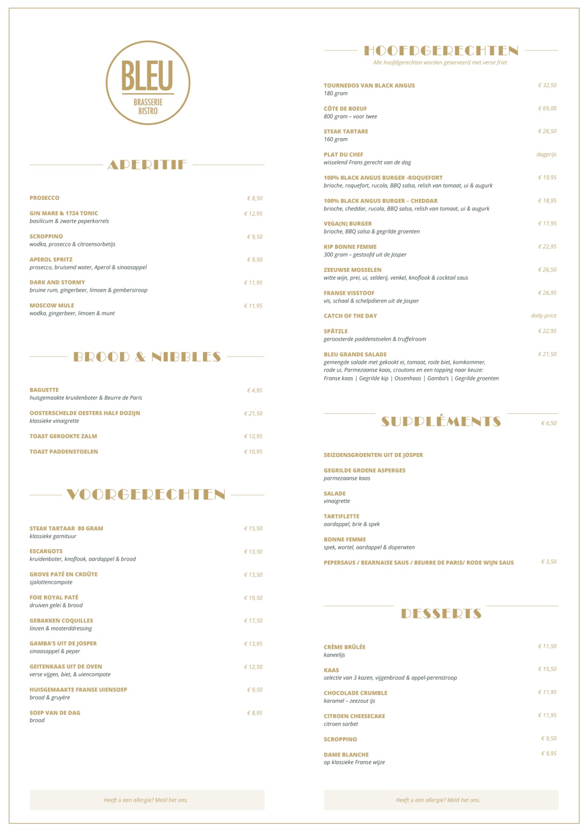 Bistro Brasserie Bleu menu