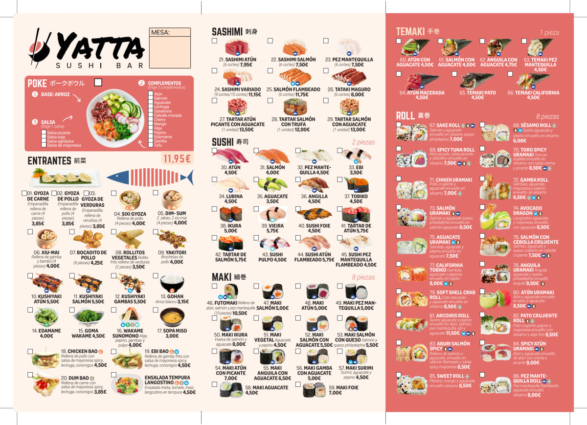 Yatta Sushi Bar menu