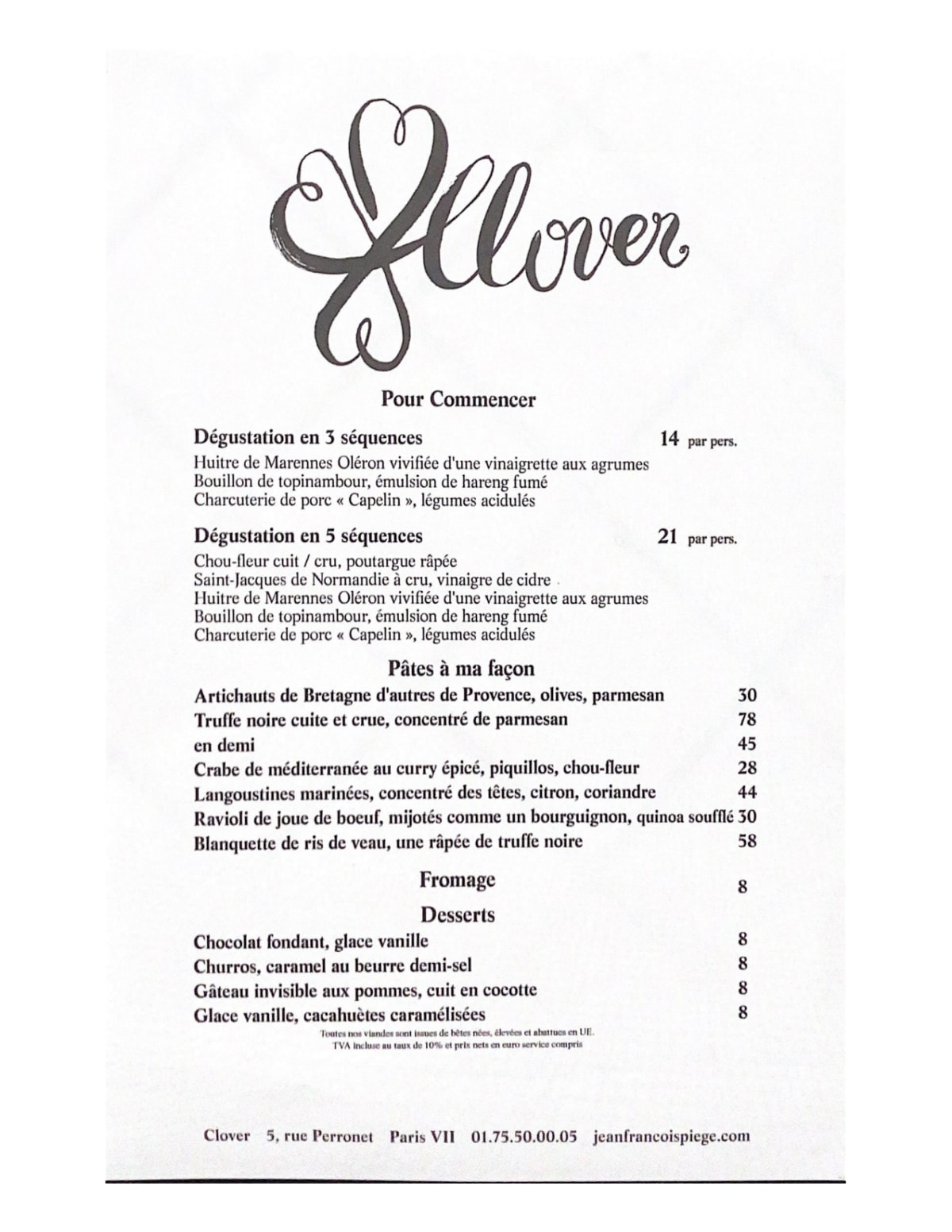 Clover Saint Germain menu