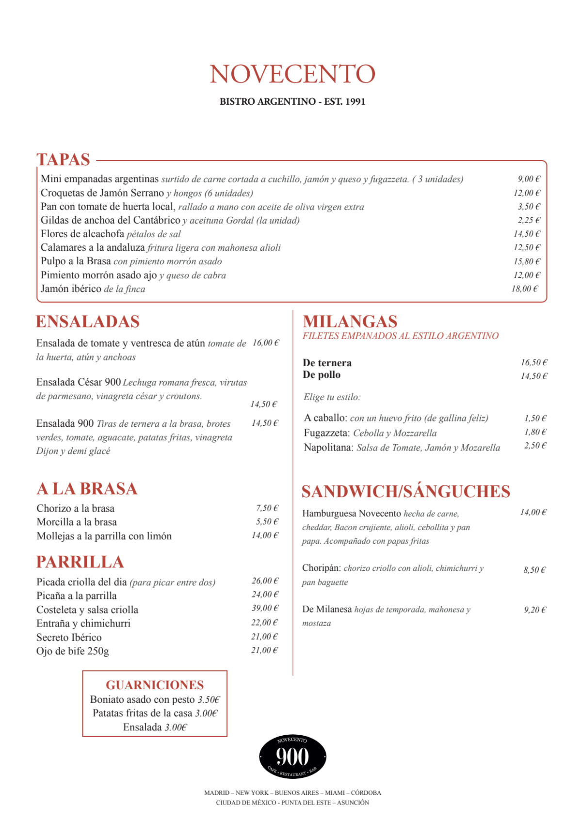 Novecento Bistró menu