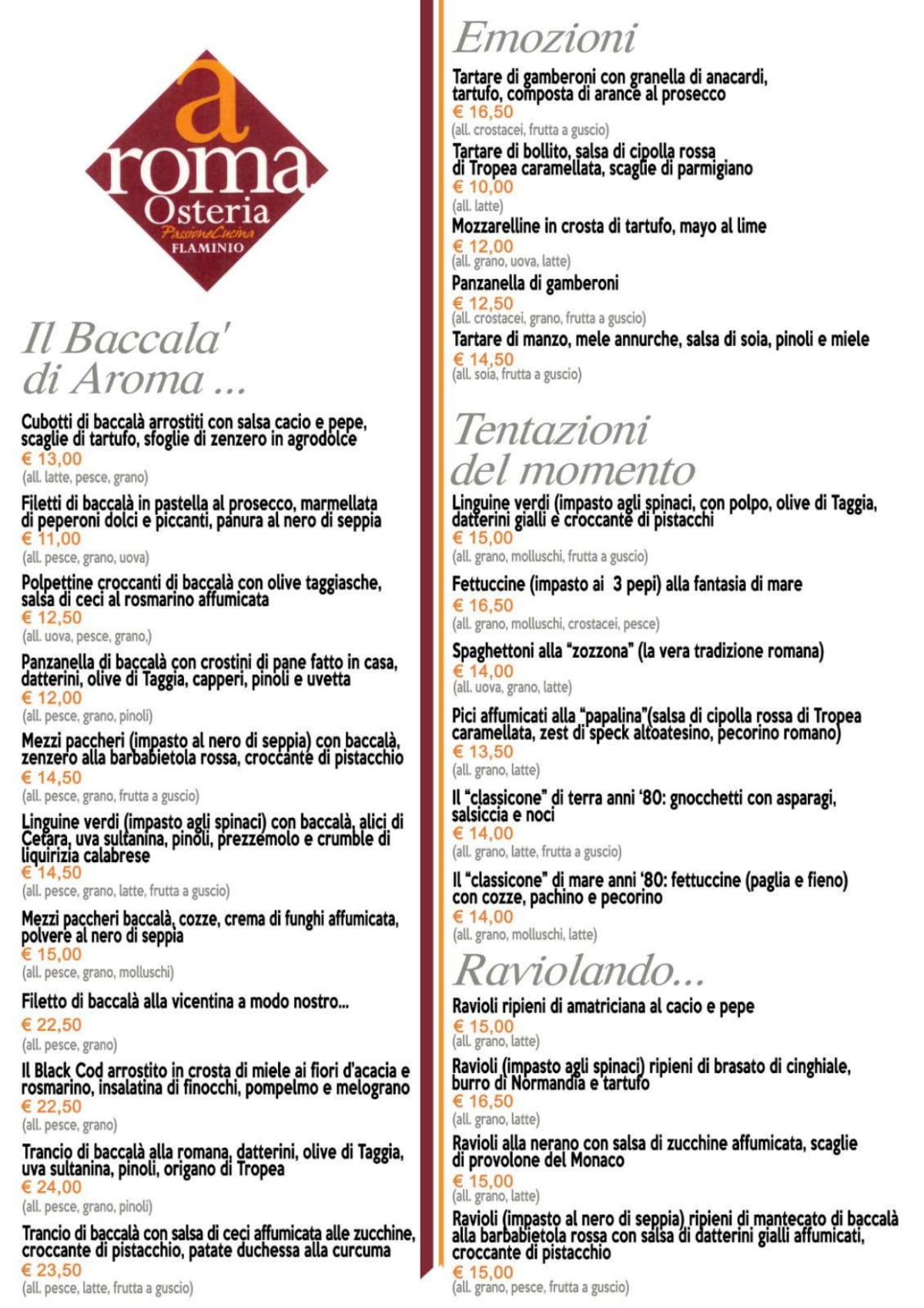 Menù completo e carta 2024 Aroma Osteria Flaminio a Roma TheFork