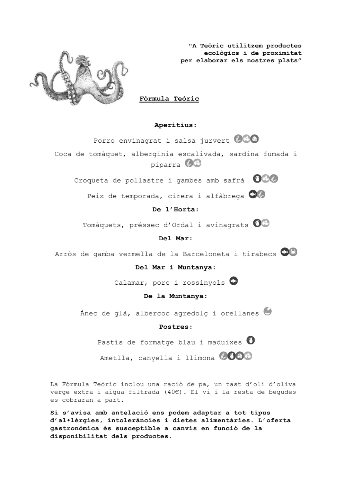 Teòric Taverna Gastronòmica menu