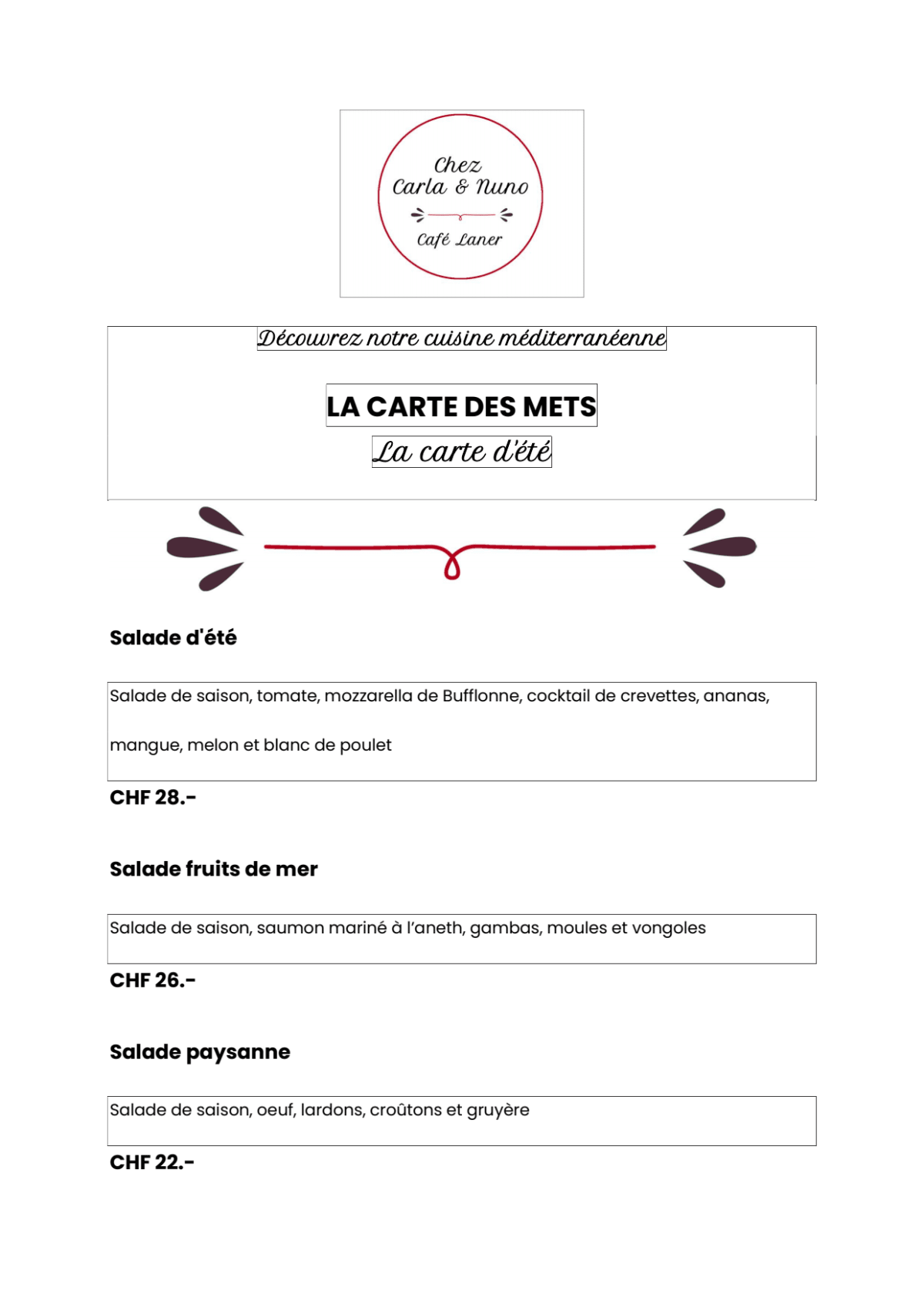 Café Laner - Chez Carla & Nuno menu