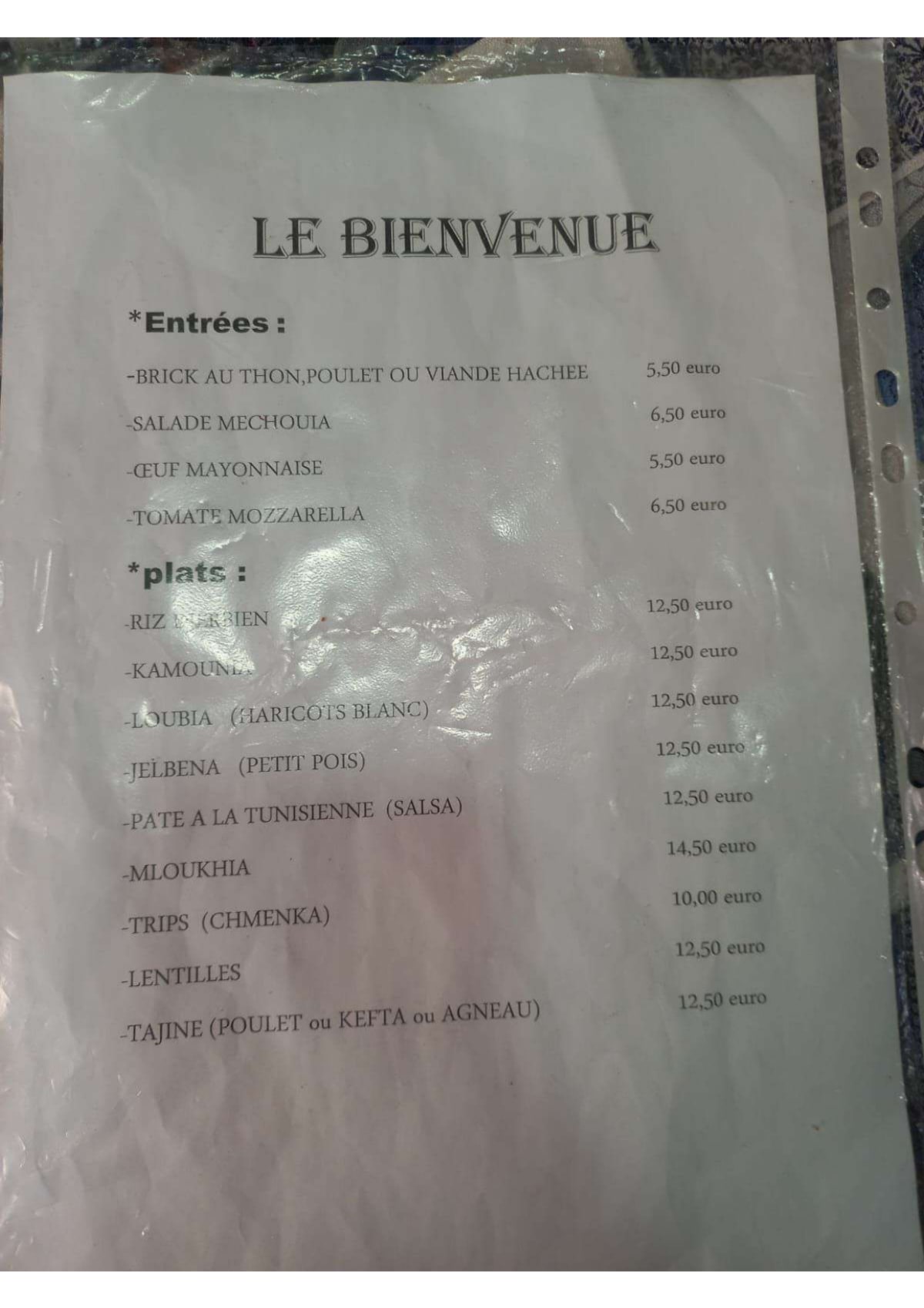 Le Bienvenue menu