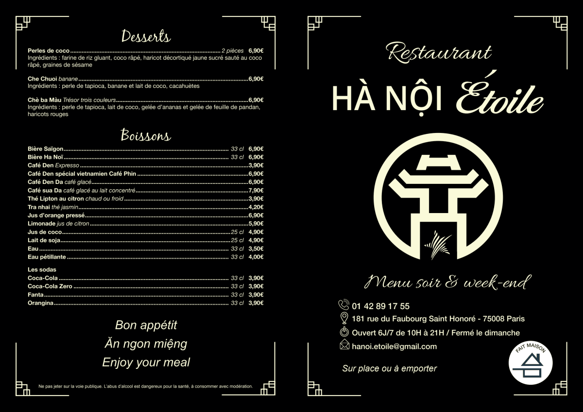 Hanoi etoile menu