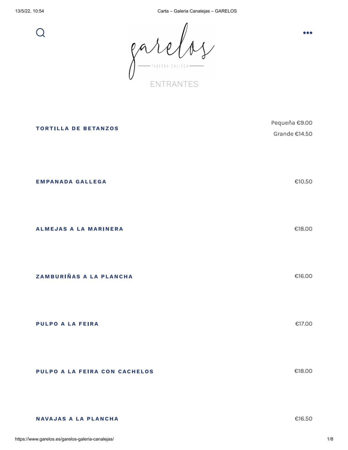 Garelos - Galería Canalejas menu