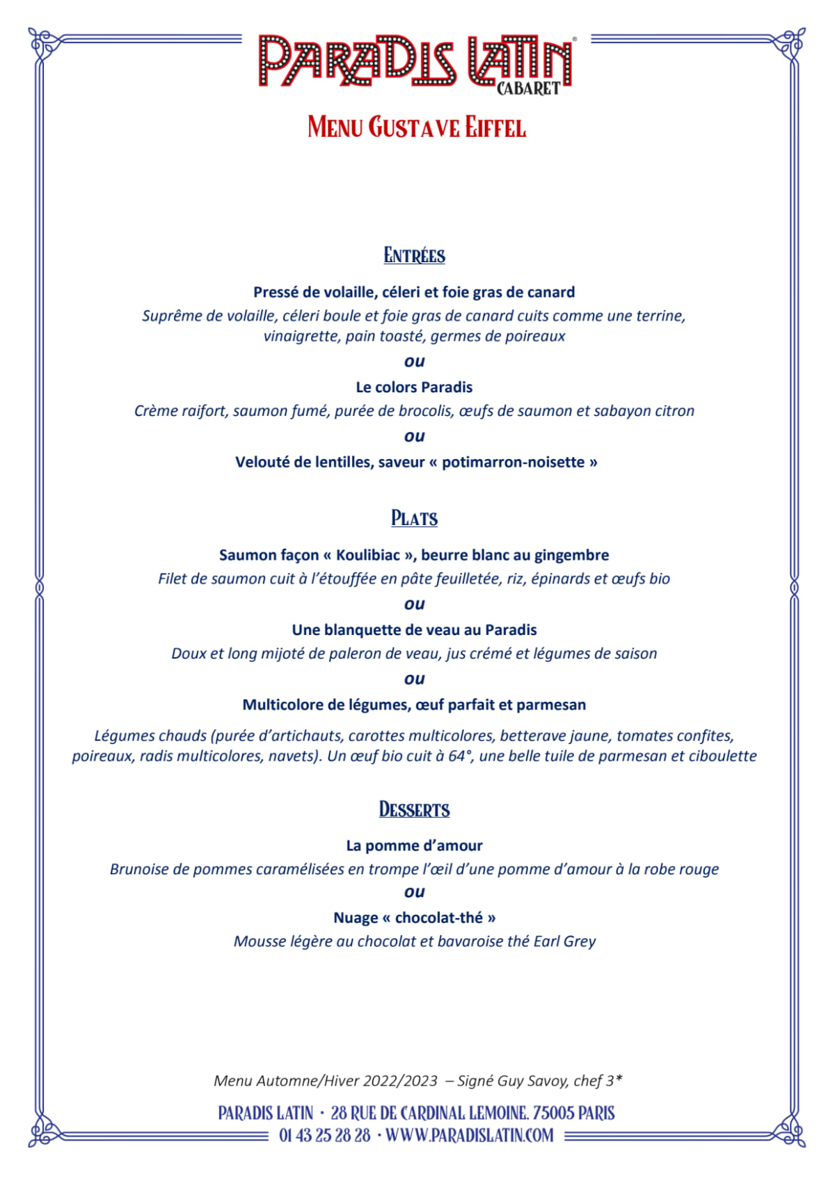 Paradis Latin Cabaret menu