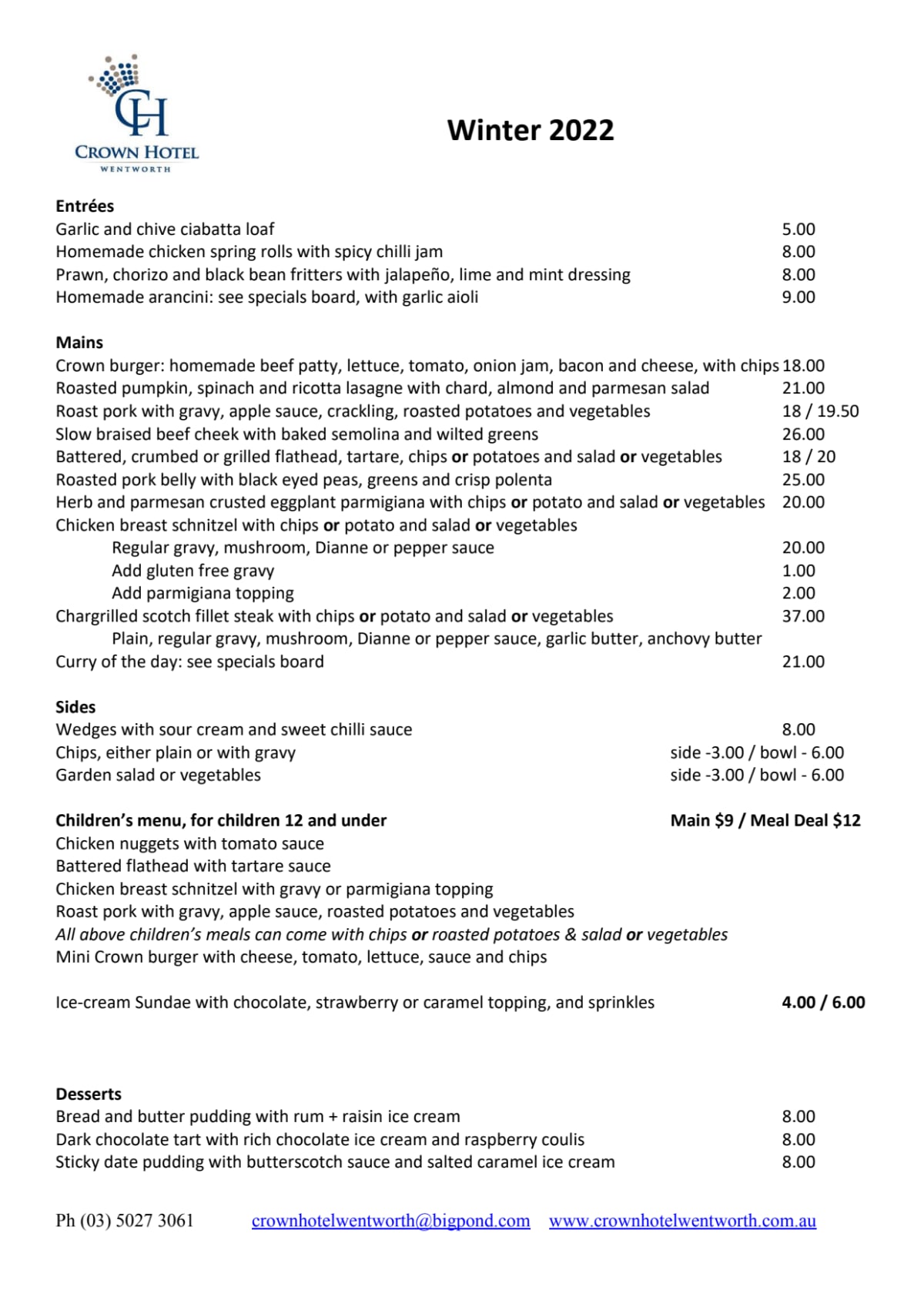 Carte et Menus 2022 Crown Hotel Wentworth à Wentworth TheFork