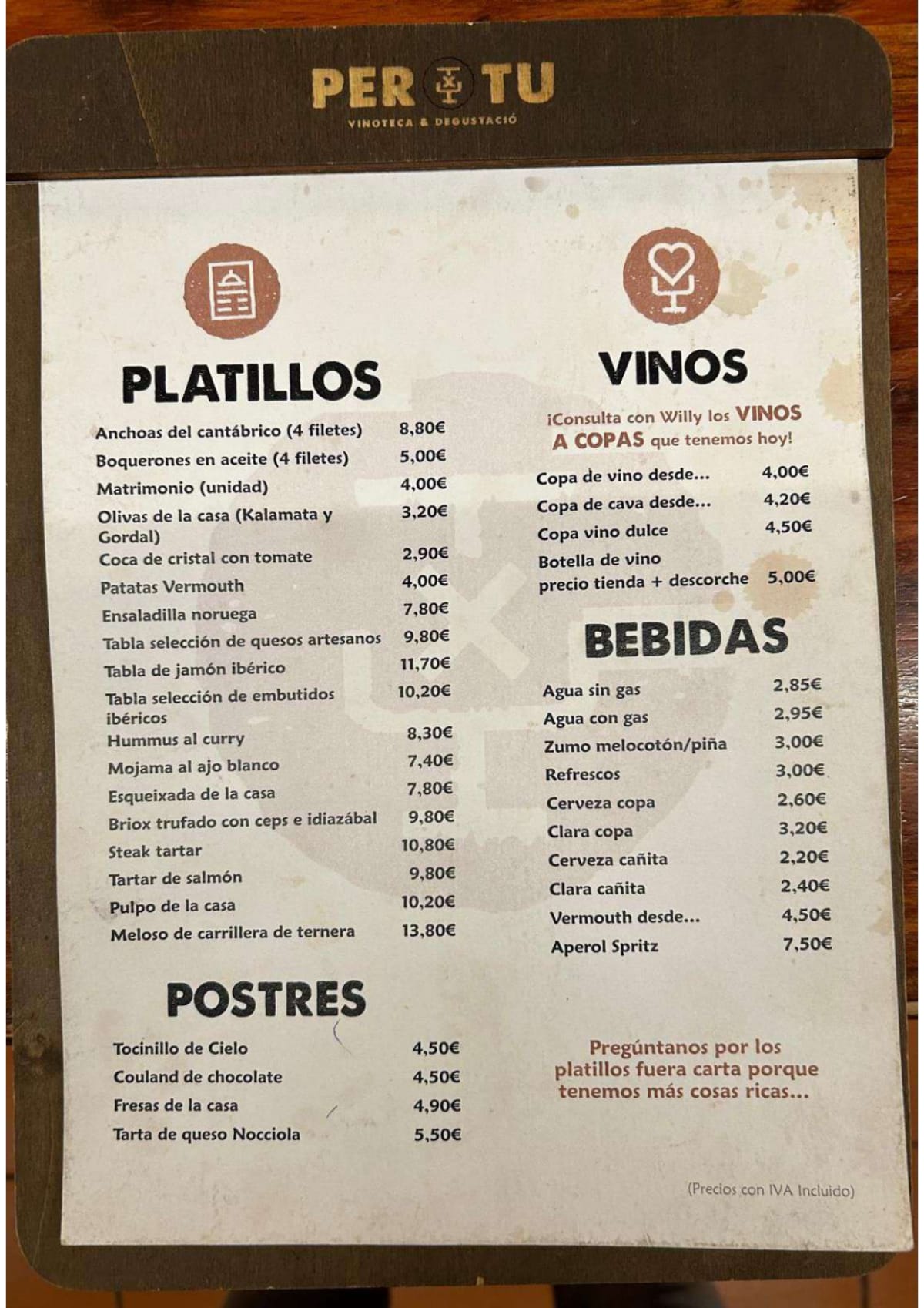 Vins PER TU menu