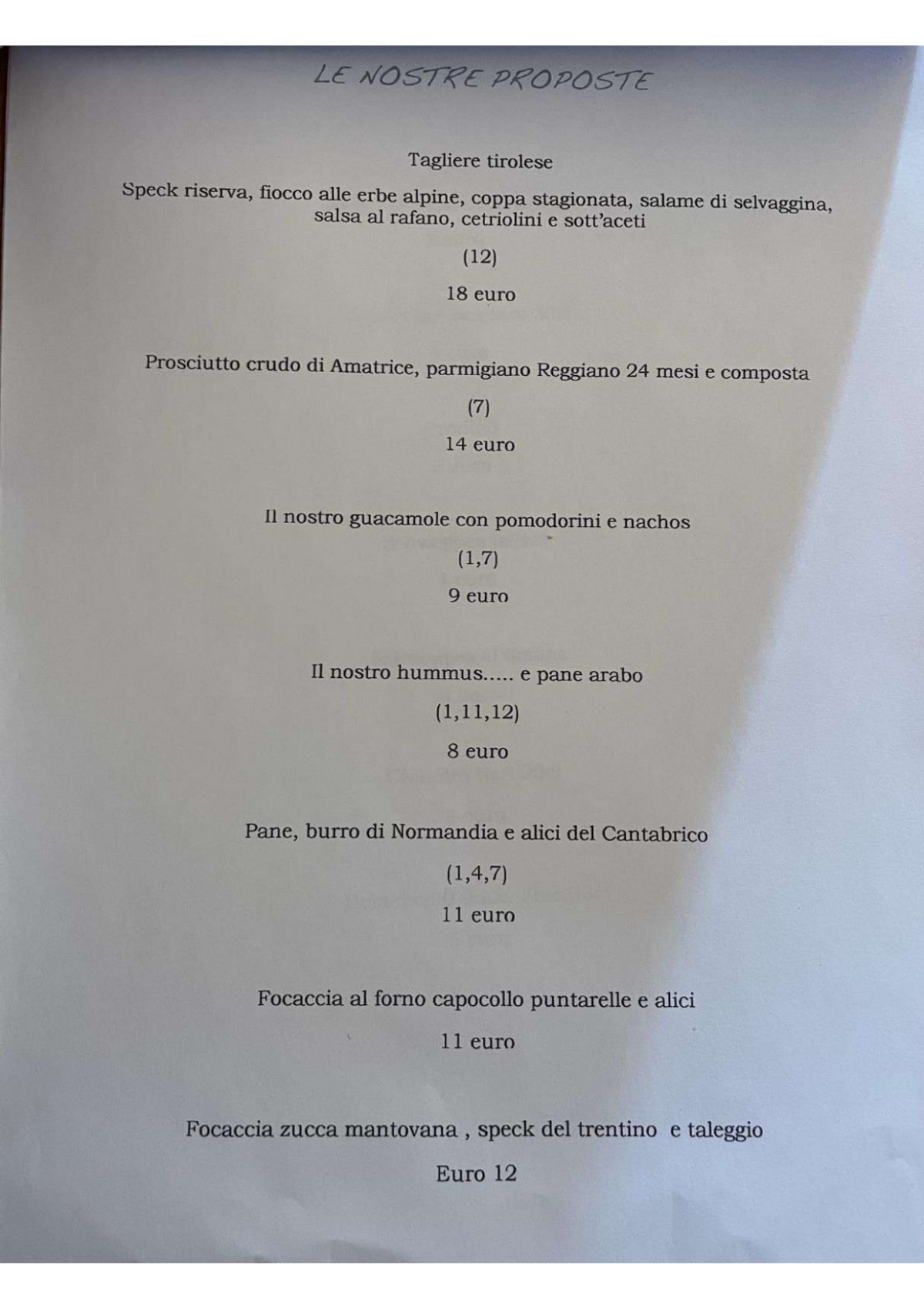 Piano b Vini e Spuntini menu