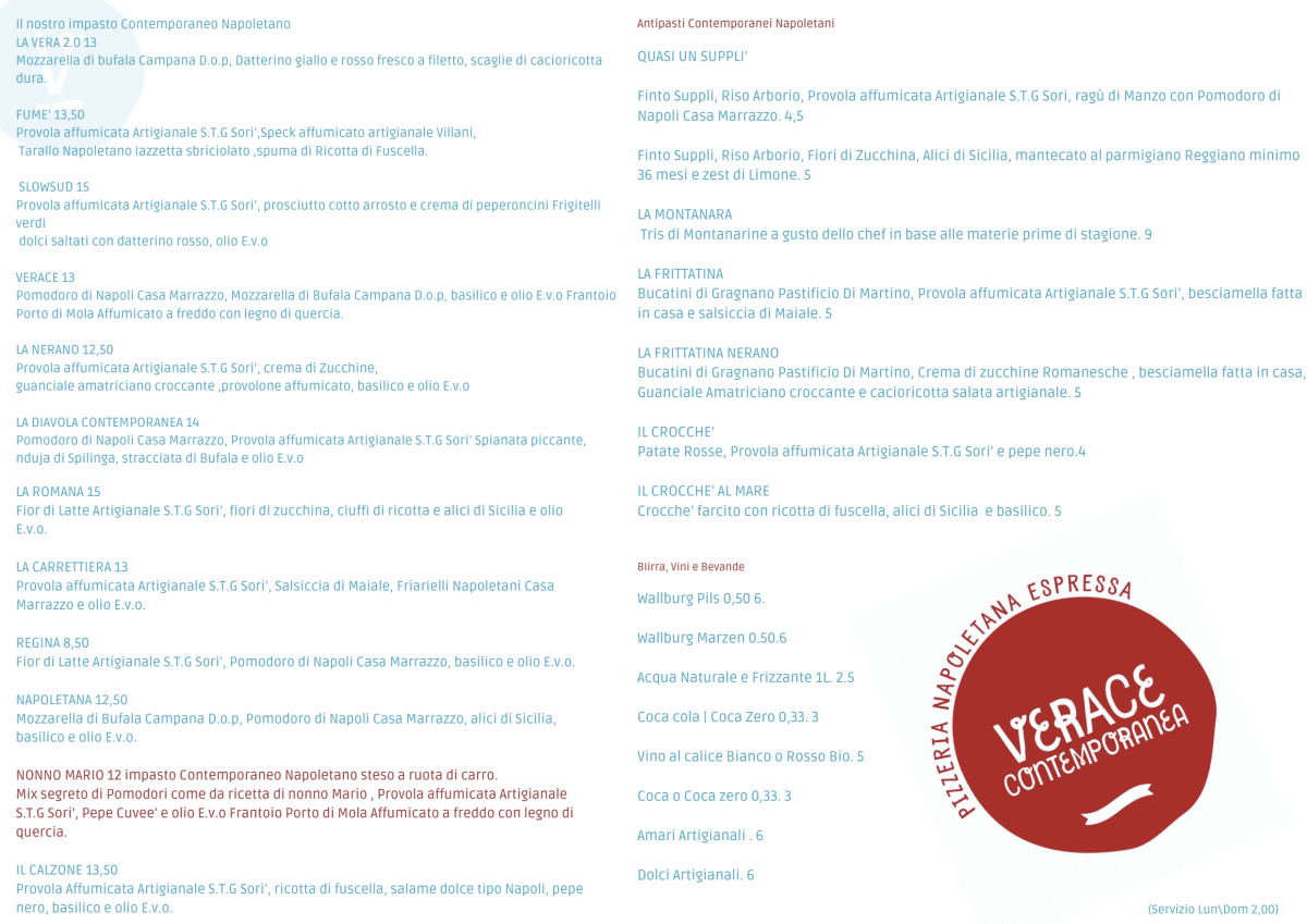 Verace Contemporanea menu