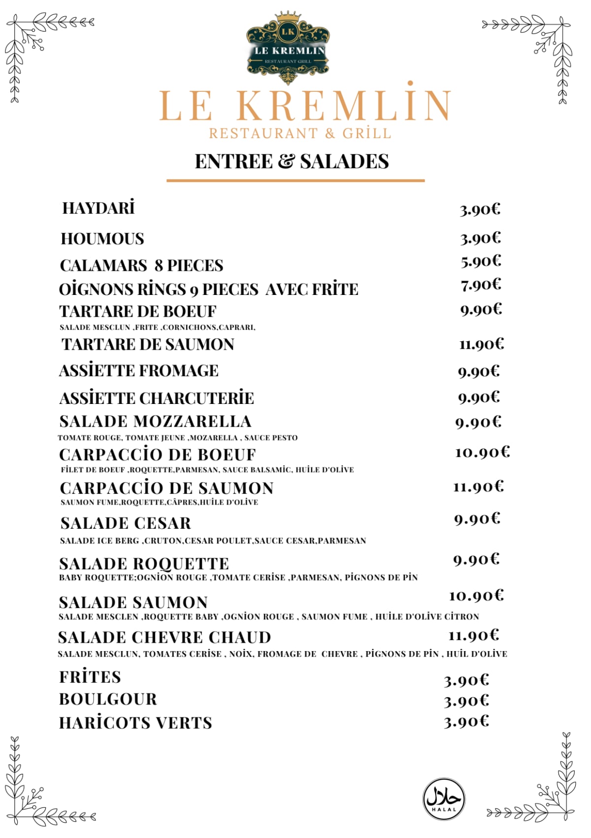 Le Kremlin Restaurant Grill menu