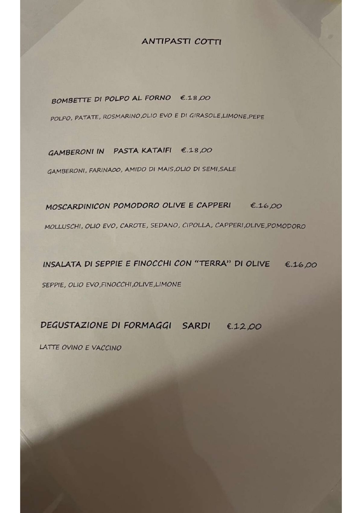 Pani e Pesci menu