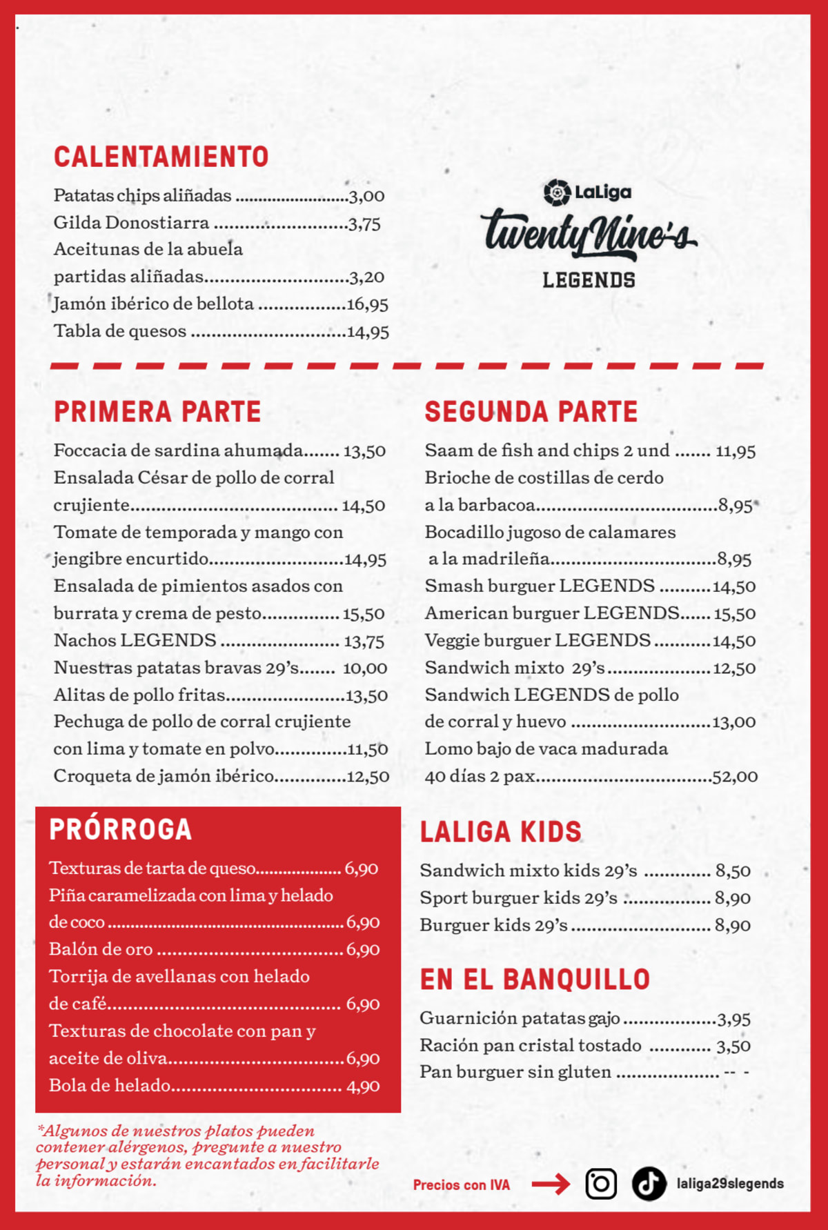 TwentyNine's Legends Museum menu