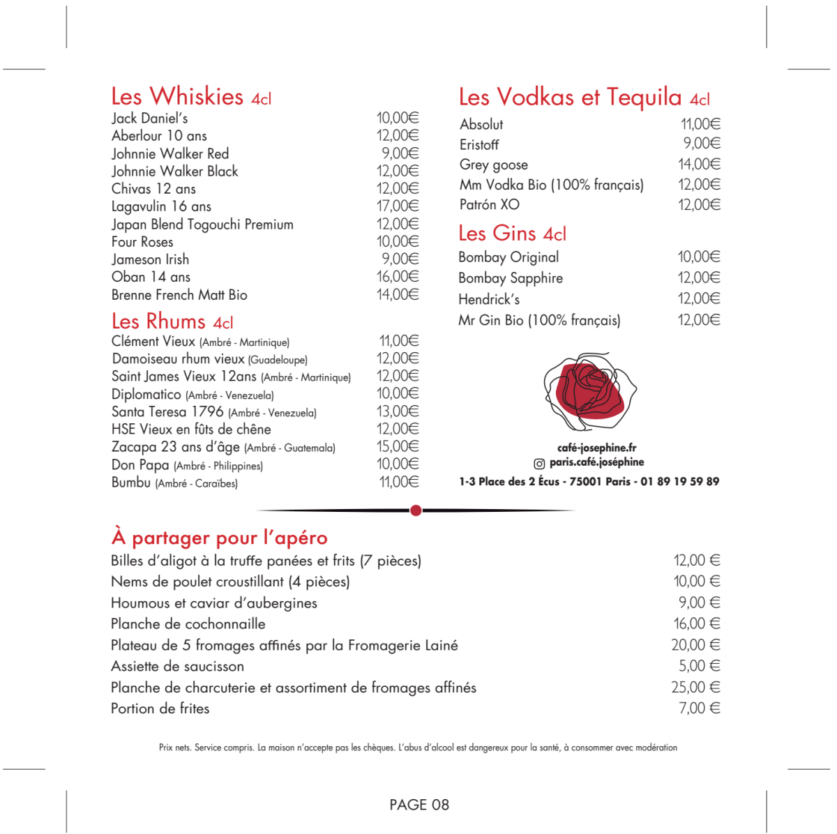 Café Joséphine menu