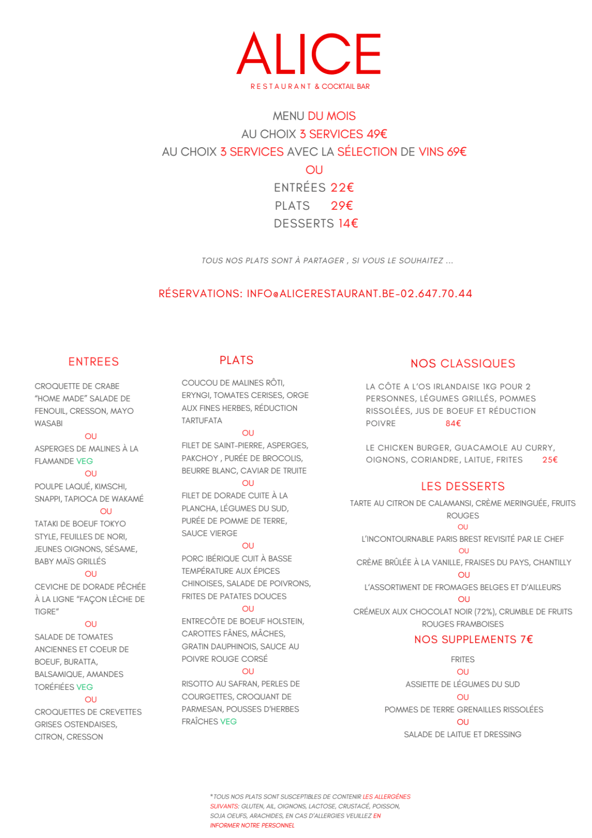 Alice Restaurant menu