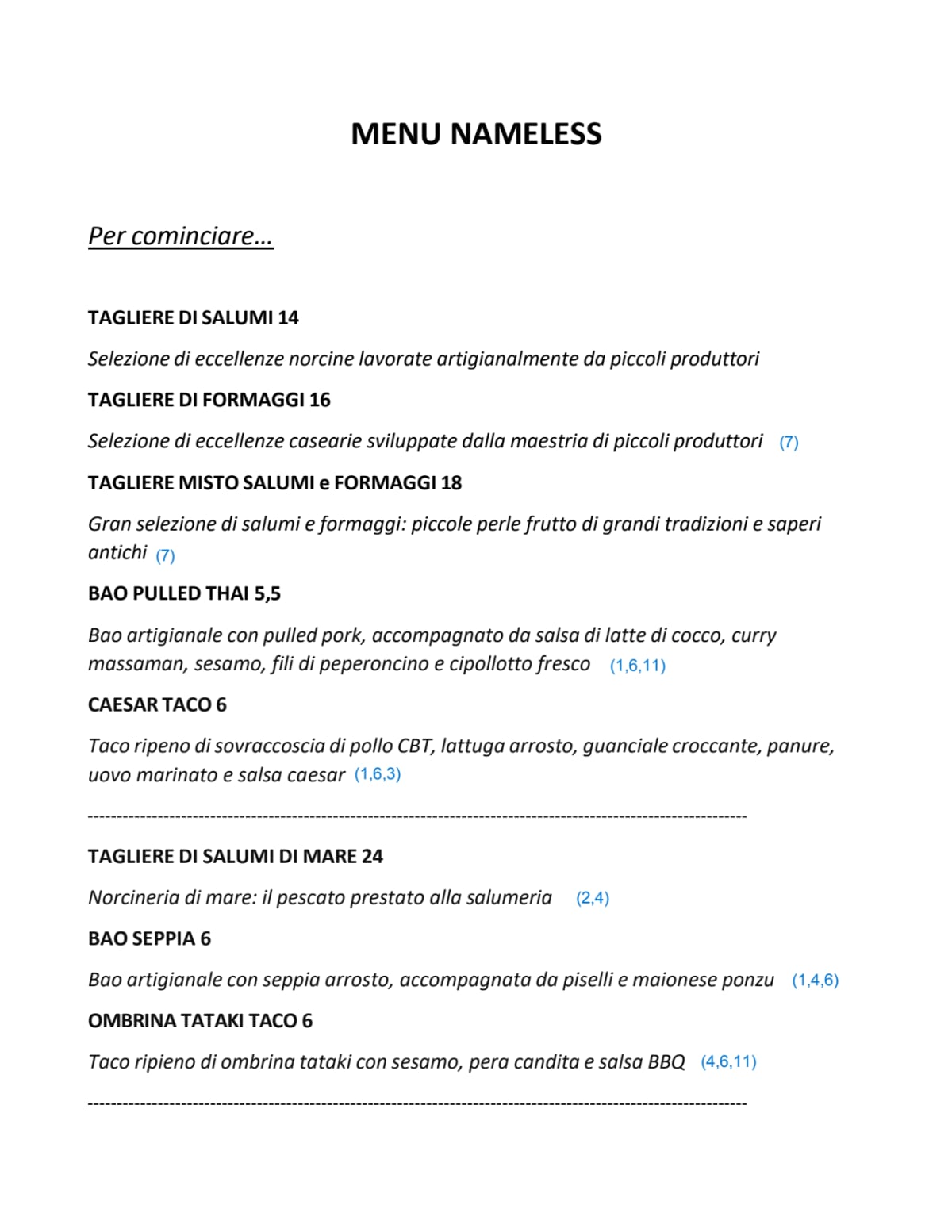 Nameless - Bistrology  menu