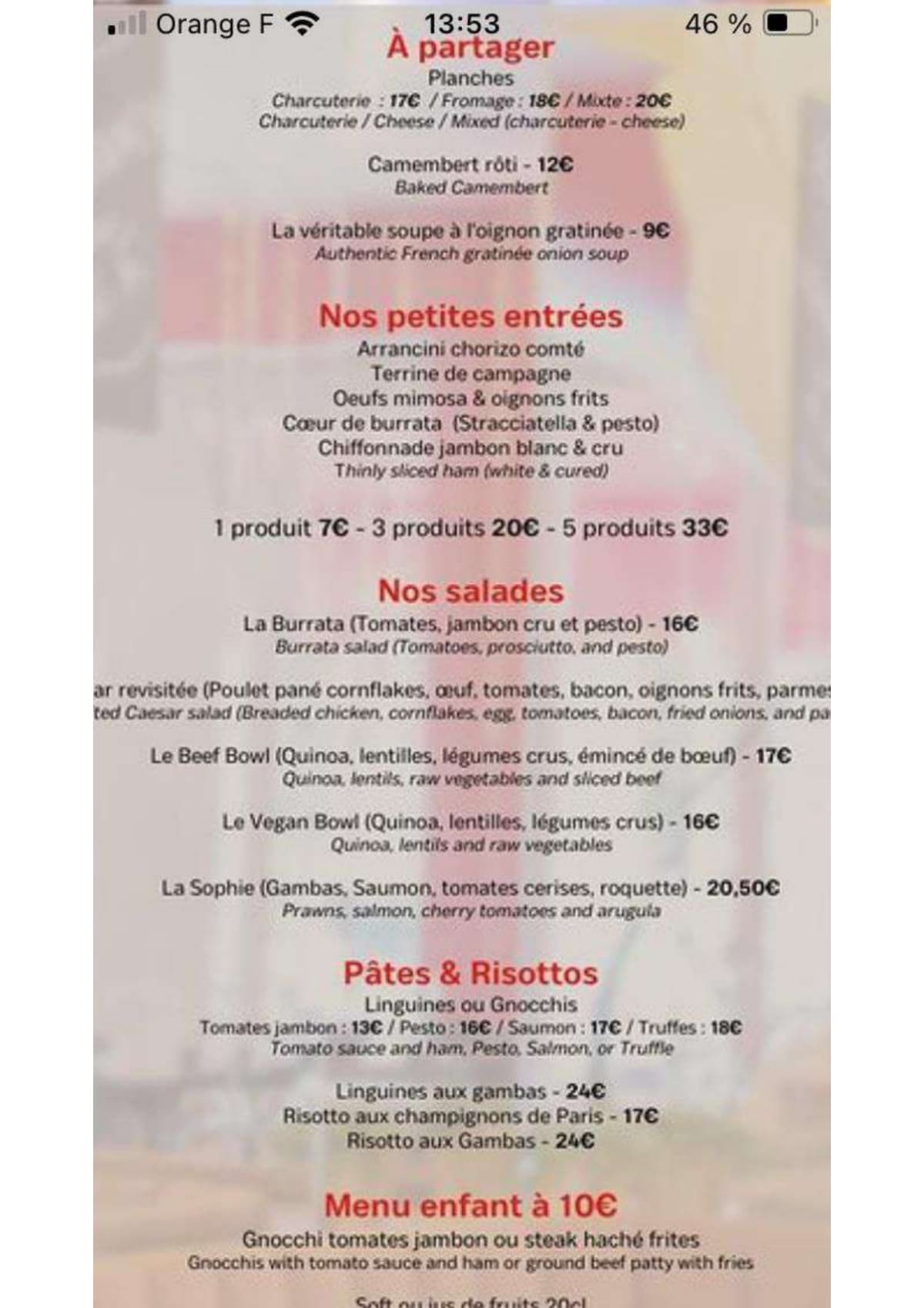 Le grand café rouge menu