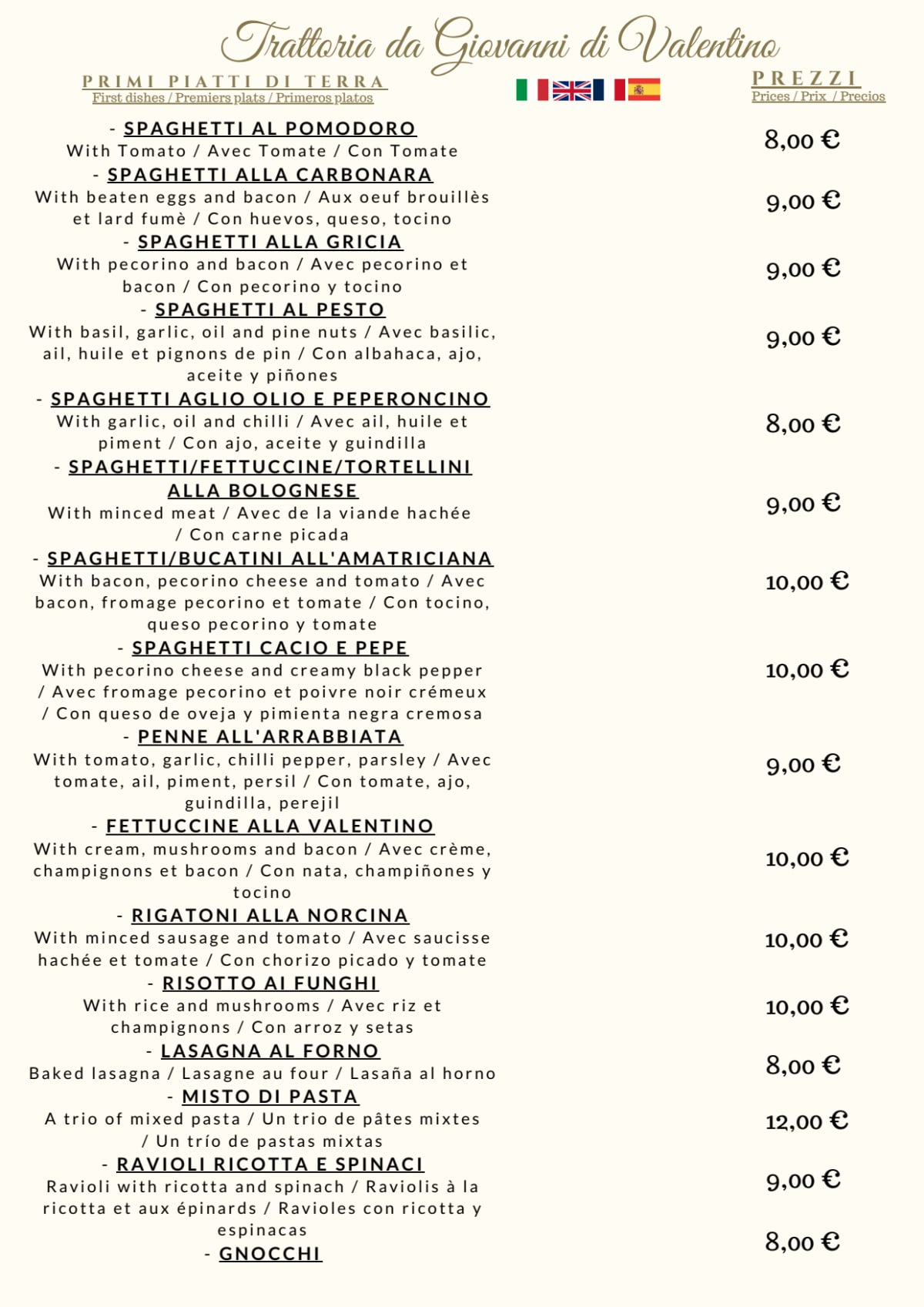 Trattoria Giovanni di Valentino menu