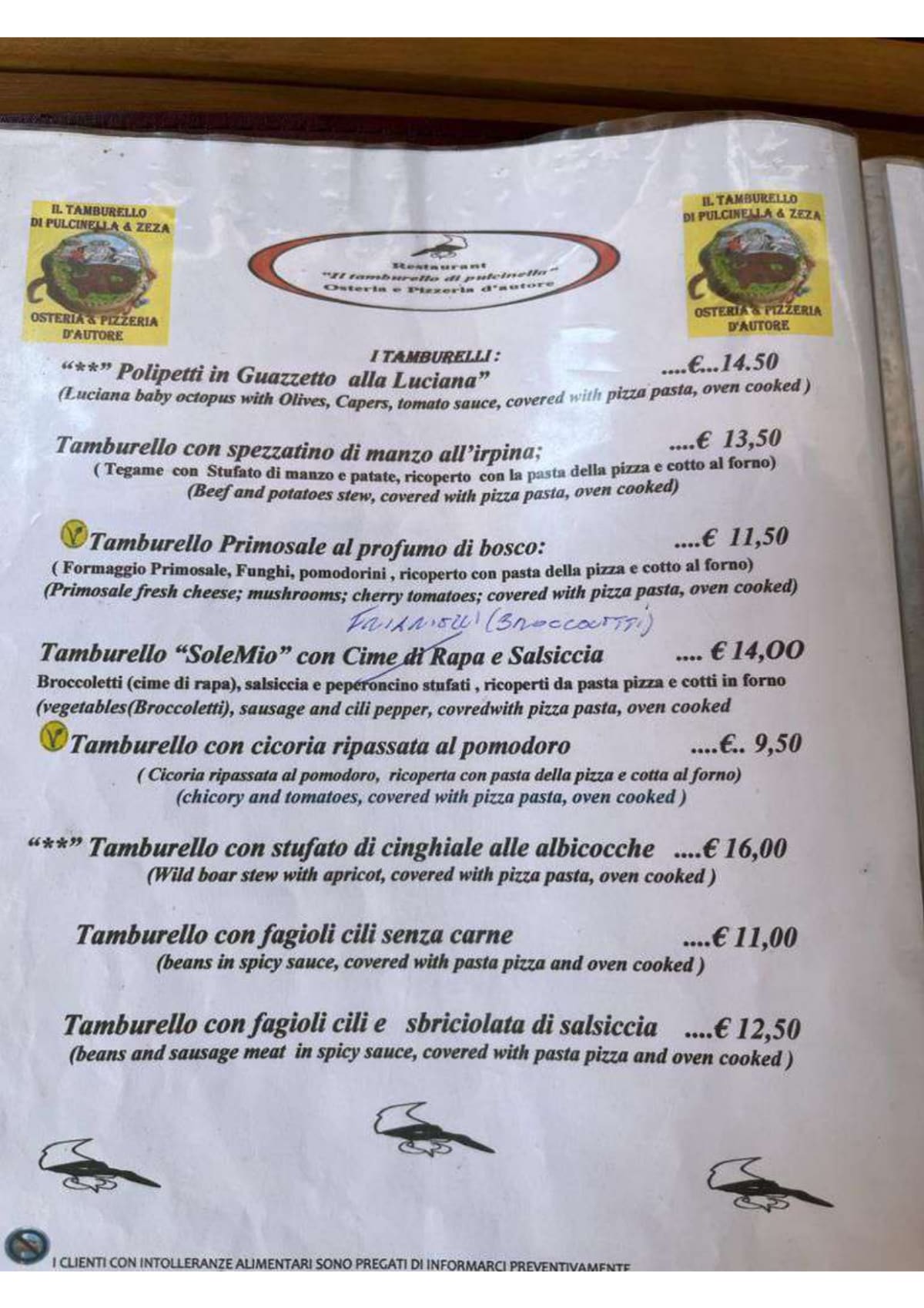 Il Tamburello di Pulcinella menu