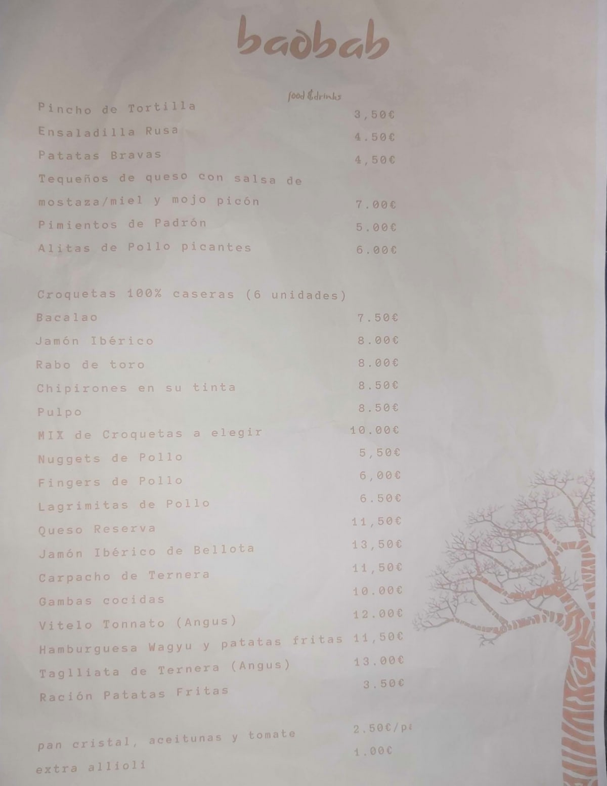 Baobab menu outlet